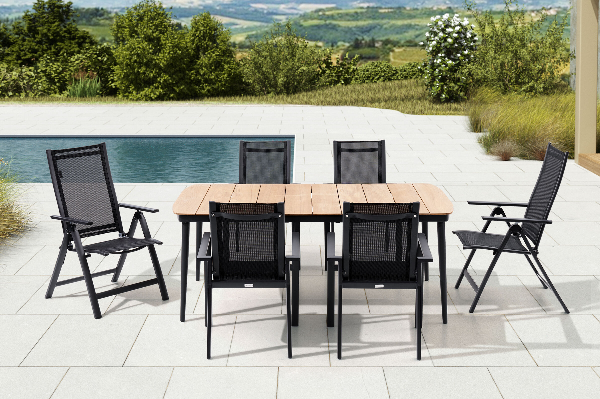 OUTFLEXX Garten-Essgruppe, anthrazit matt, Alu/Teak/Textil, 185 x 100 cm, 4 Stapelsessel, 2 Multipositionssessel