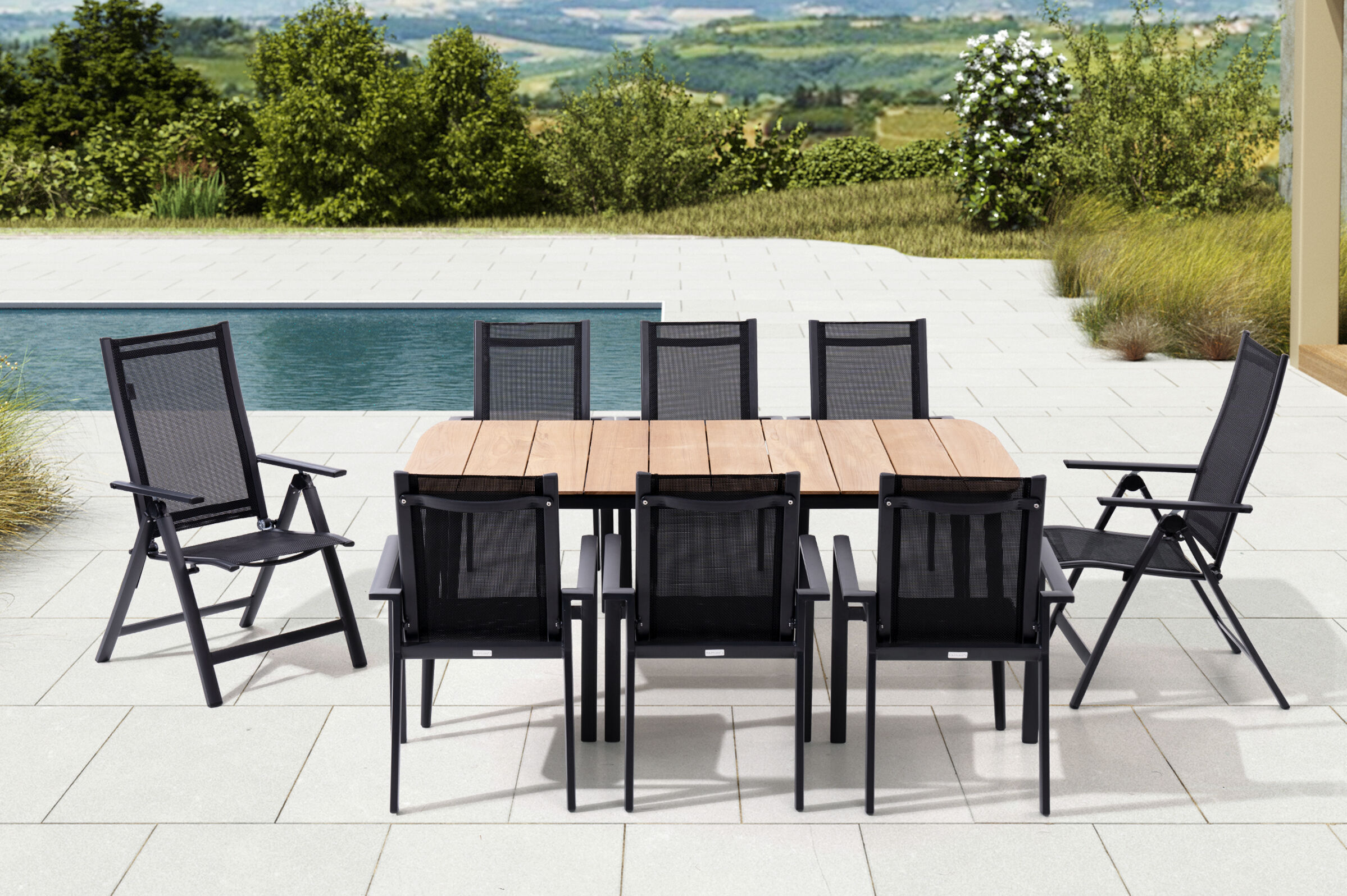 OUTFLEXX Garten-Essgruppe, anthrazit matt, Alu/Teak/Textil, 185 x 100 cm, 6 Stapelsessel, 2 Multipositionssessel