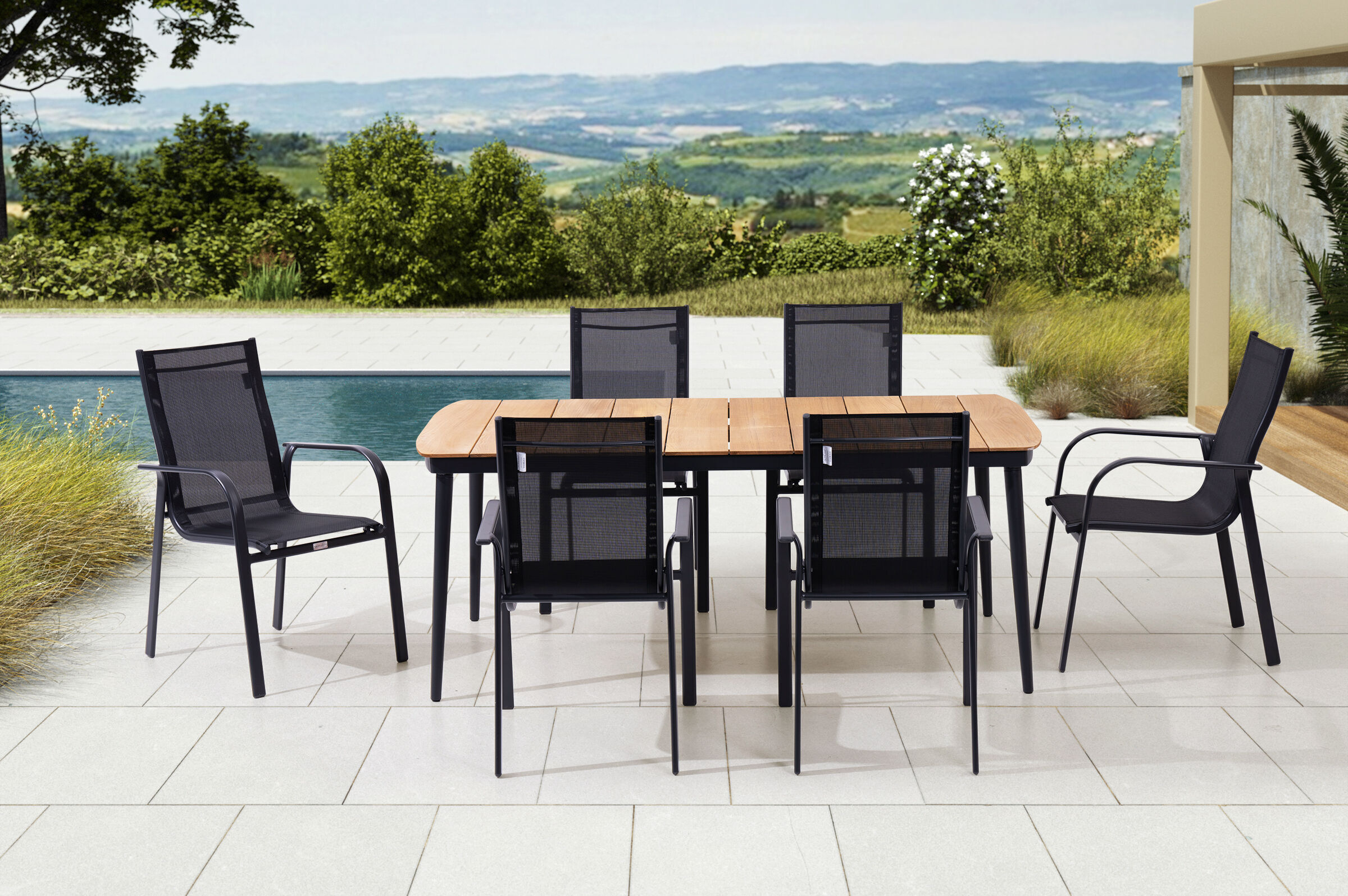 OUTFLEXX Garten-Essgruppe, anthrazit matt, Alu/Teak/Textil, 184×100 cm, 6 Stapelstühle