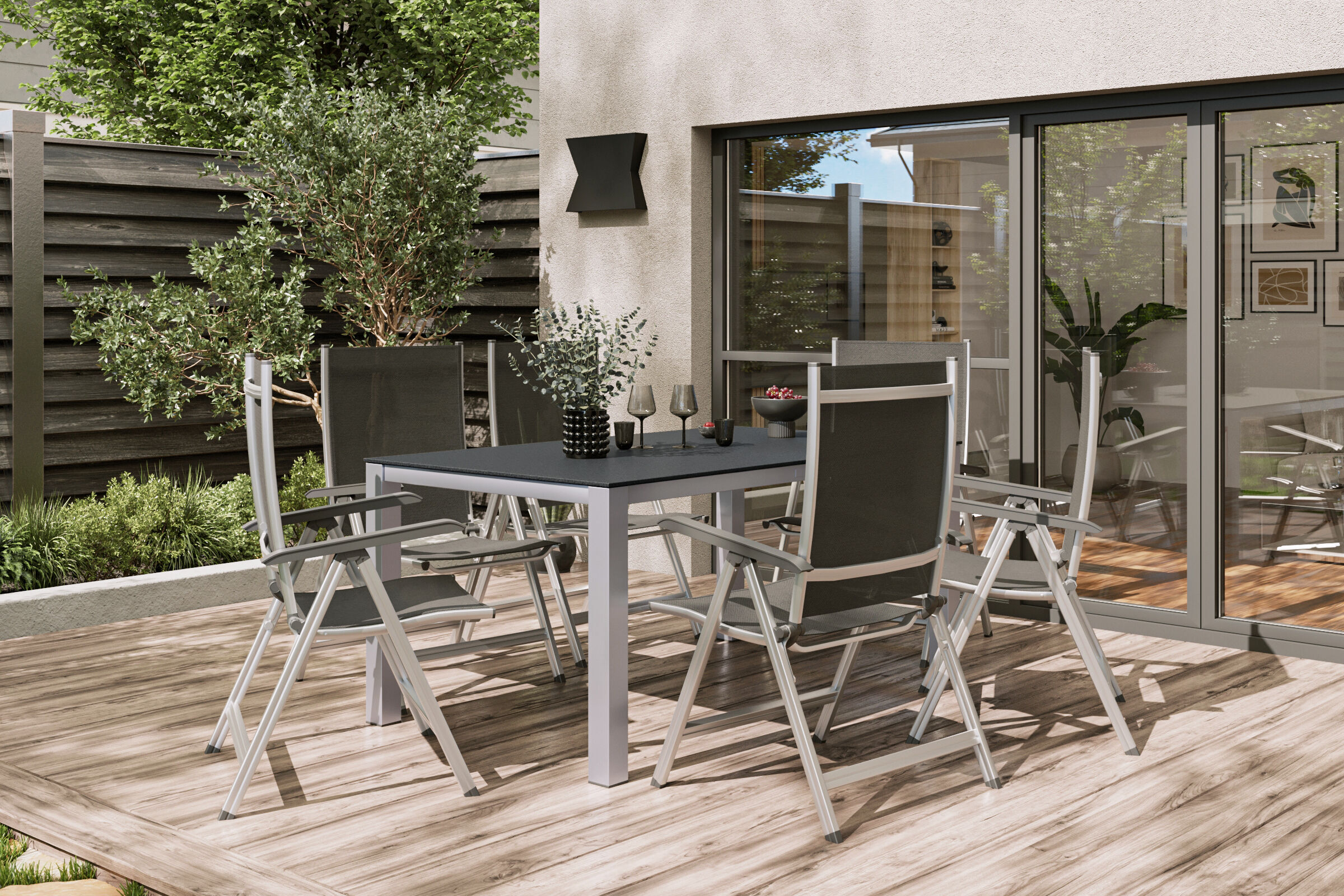 KETTLER BasicPlus Garten-Essgruppe, silber/anthrazit, Alu/Spraystone/Textil, 160 x 95 cm, inkl. 6 Multipositionssessel