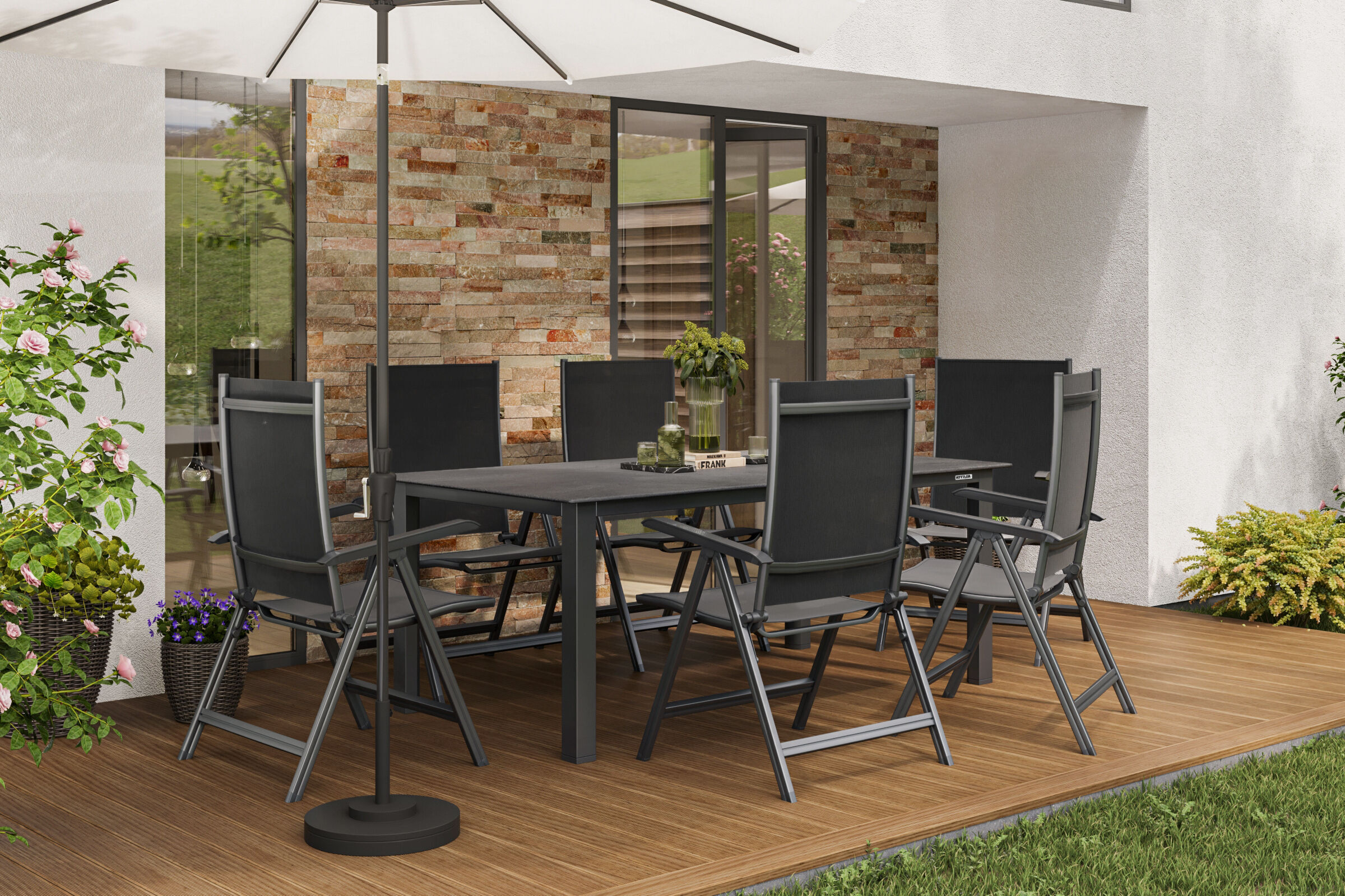 KETTLER Cubic/BasicPlus Garten-Essgruppe, anthrazit, Alu/Kettalit/Textilene, 160 x 90 cm, 6 Multipositionssessel