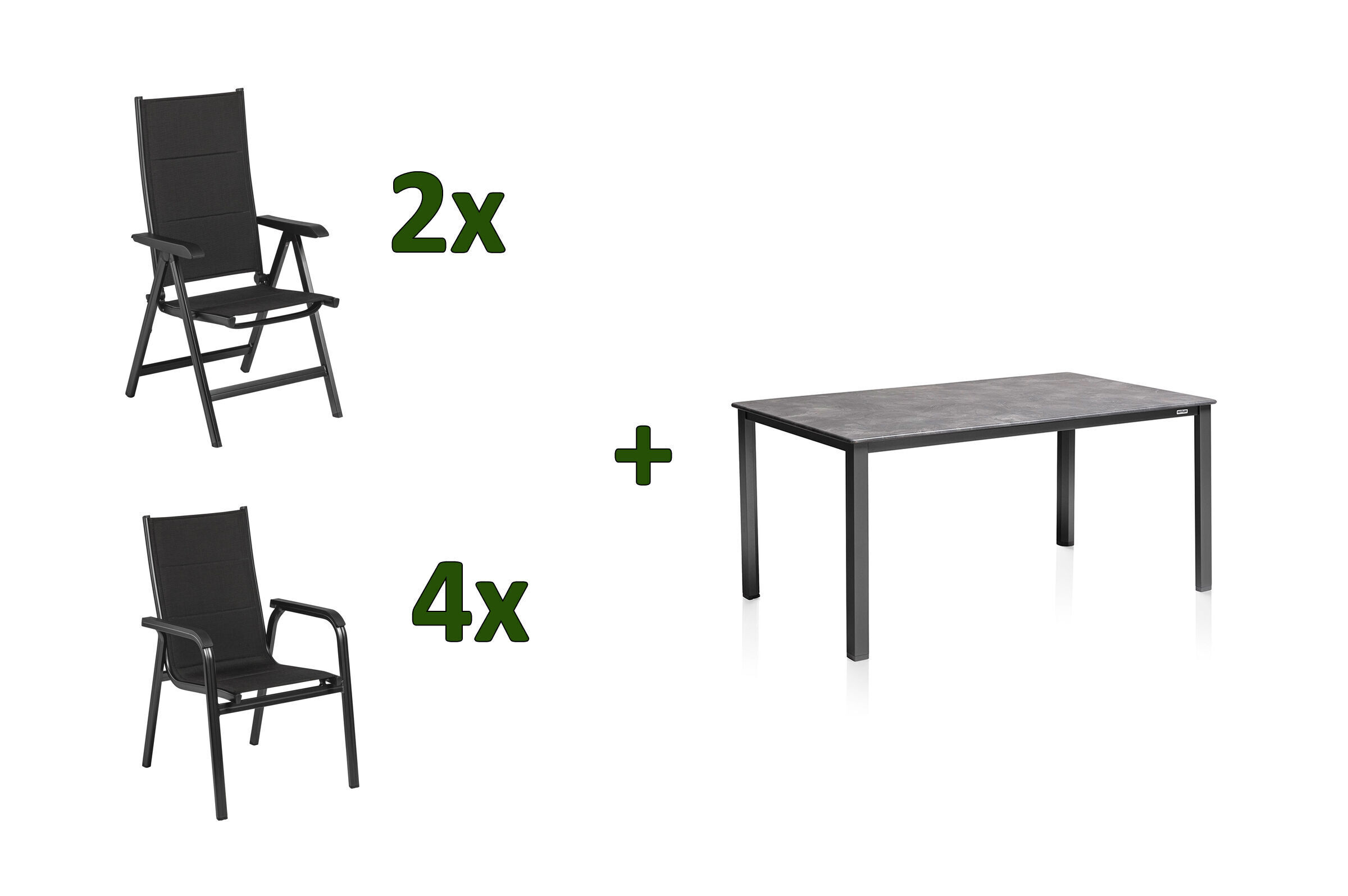 KETTLER Cubic/Basic Plus Padded Garten-Essgruppe, anthrazit, Alu/Kettalit/Textilene, 160 x 90 cm, 4 Stapel/ 2 Multipositionssessel