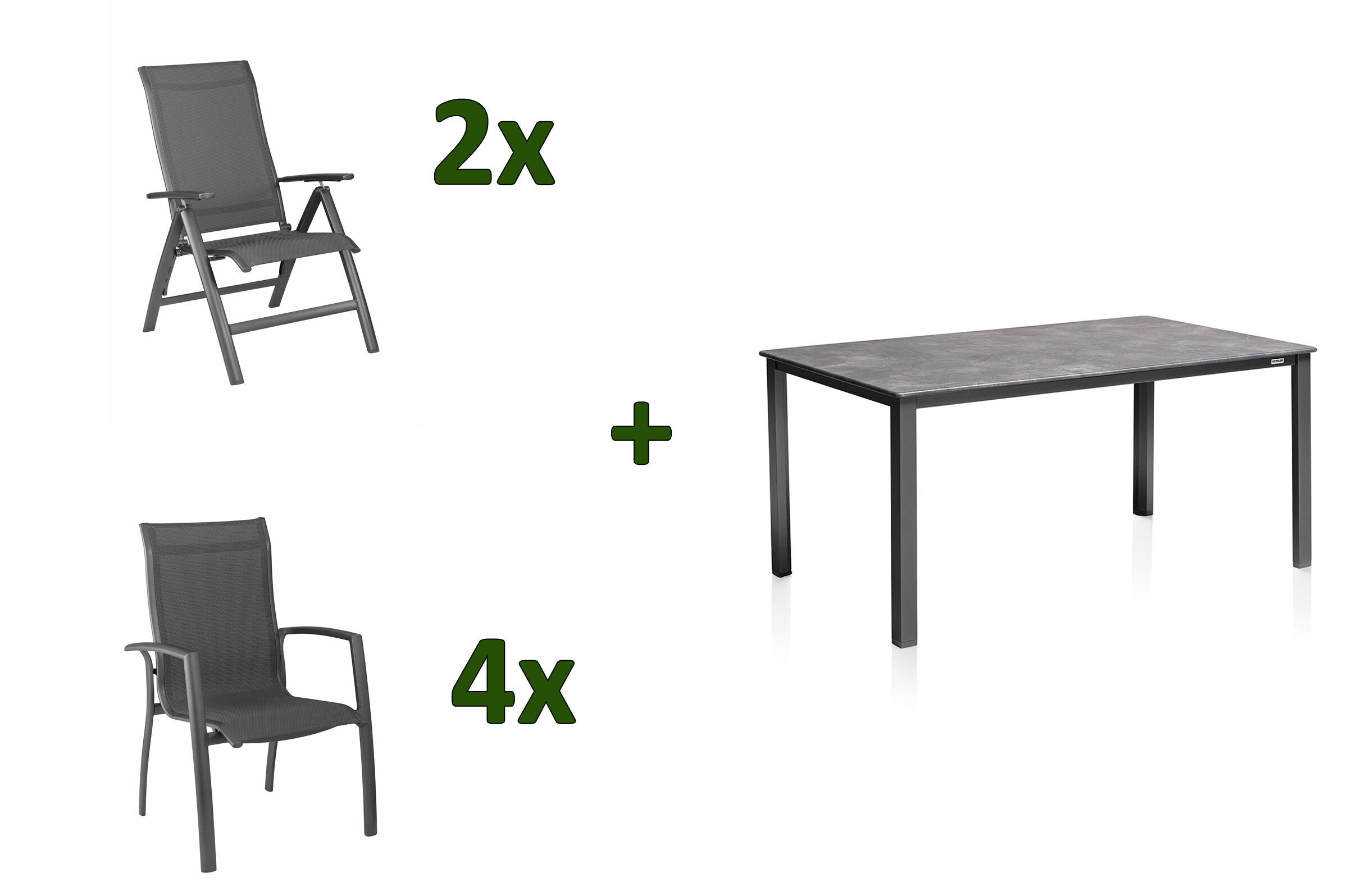 KETTLER Cubic/Legato Garten-Essgruppe, anthrazit, Alu/Kettalit/Textilene, 160 x 90 cm, 4 Stapel/ 2 Multipositionssessel