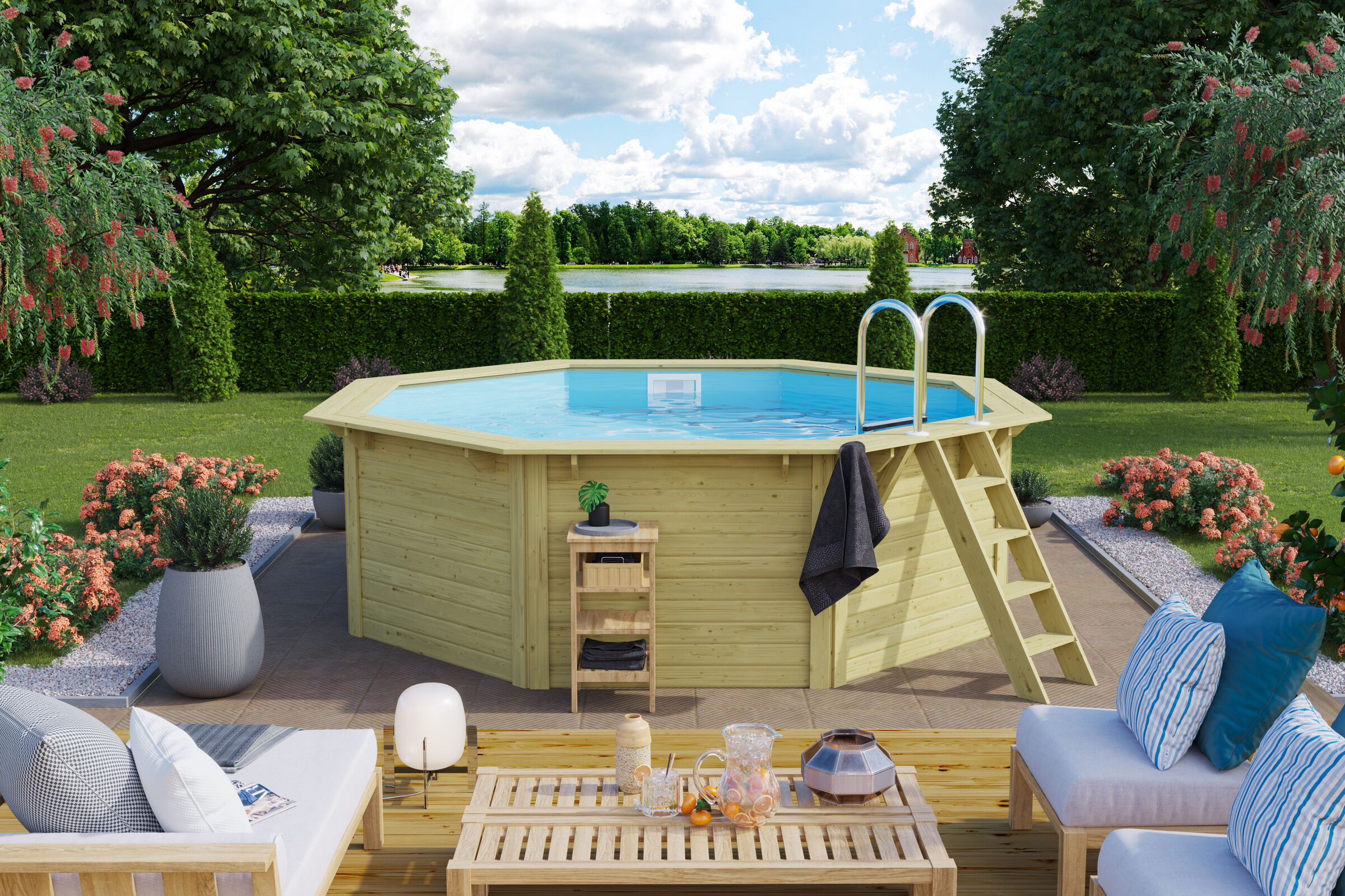 KARIBU Modell 1X Pool, naturbelassen, Fichtenholz, 357x357x124 cm, blaue Folie