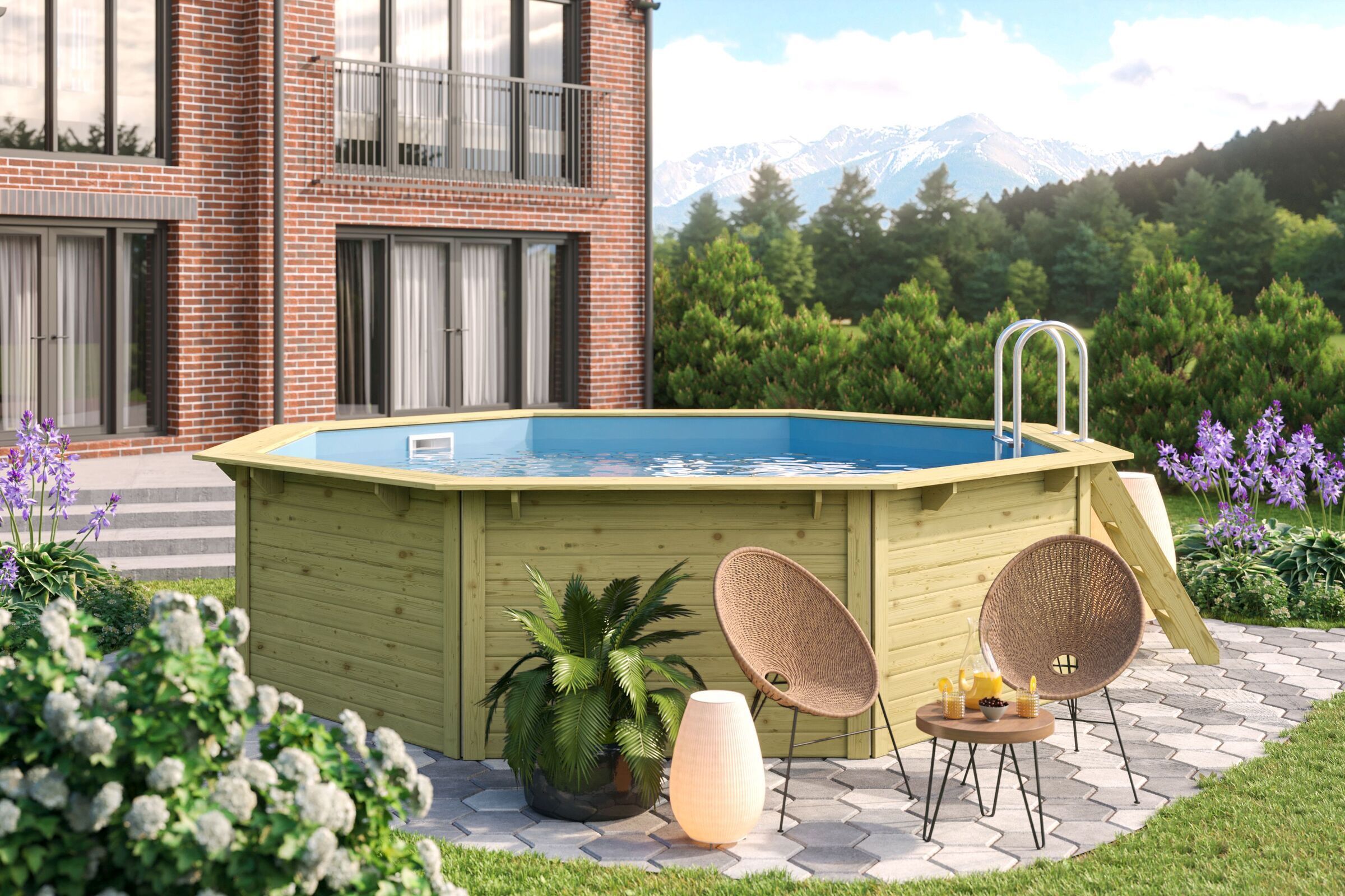 KARIBU Modell 2X Pool, naturbelassen, Fichtenholz, 427x427x124 cm, blaue Folie