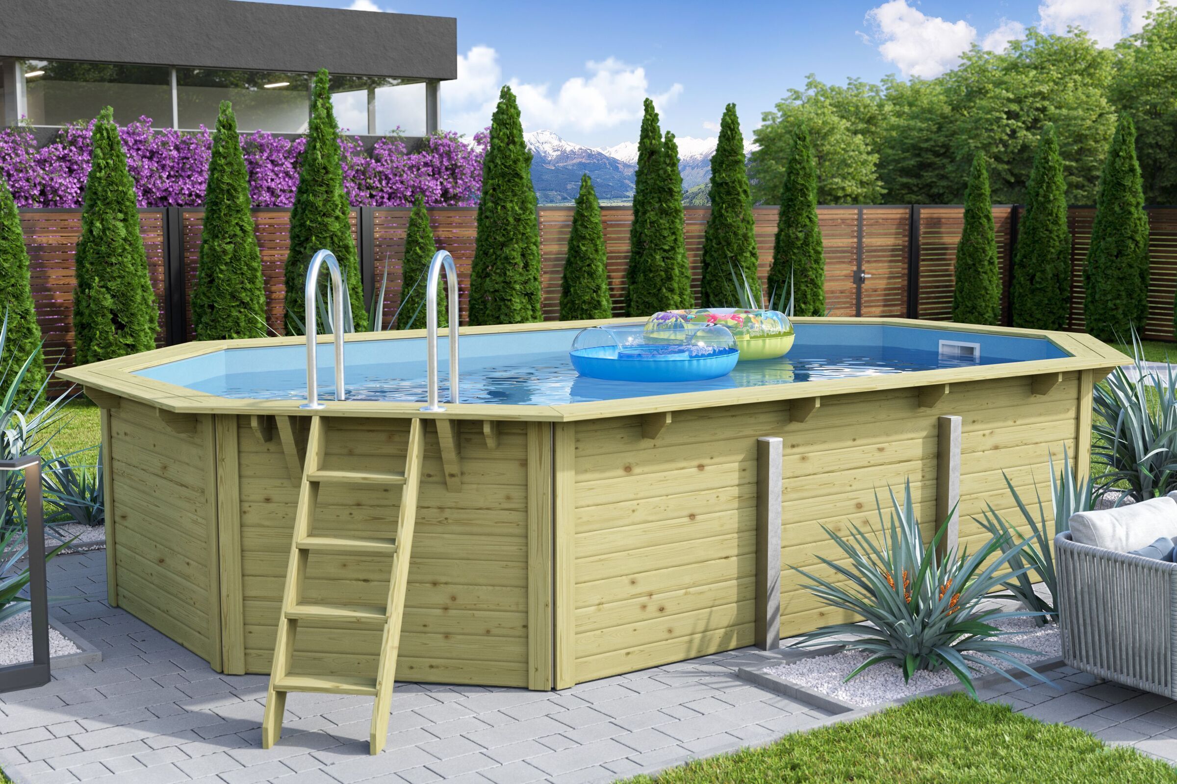 KARIBU Modell 4X Pool, naturbelassen, Fichtenholz, 357x568x124 cm, blaue Folie