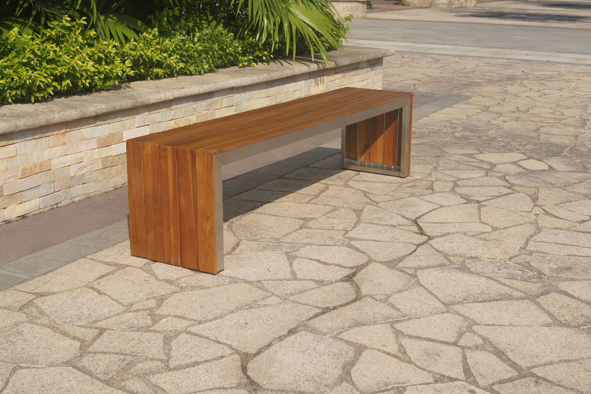 OUTFLEXX Gartenbank, natur, Edelstahl/FSC-Teakholz, 180×39,5×45 cm