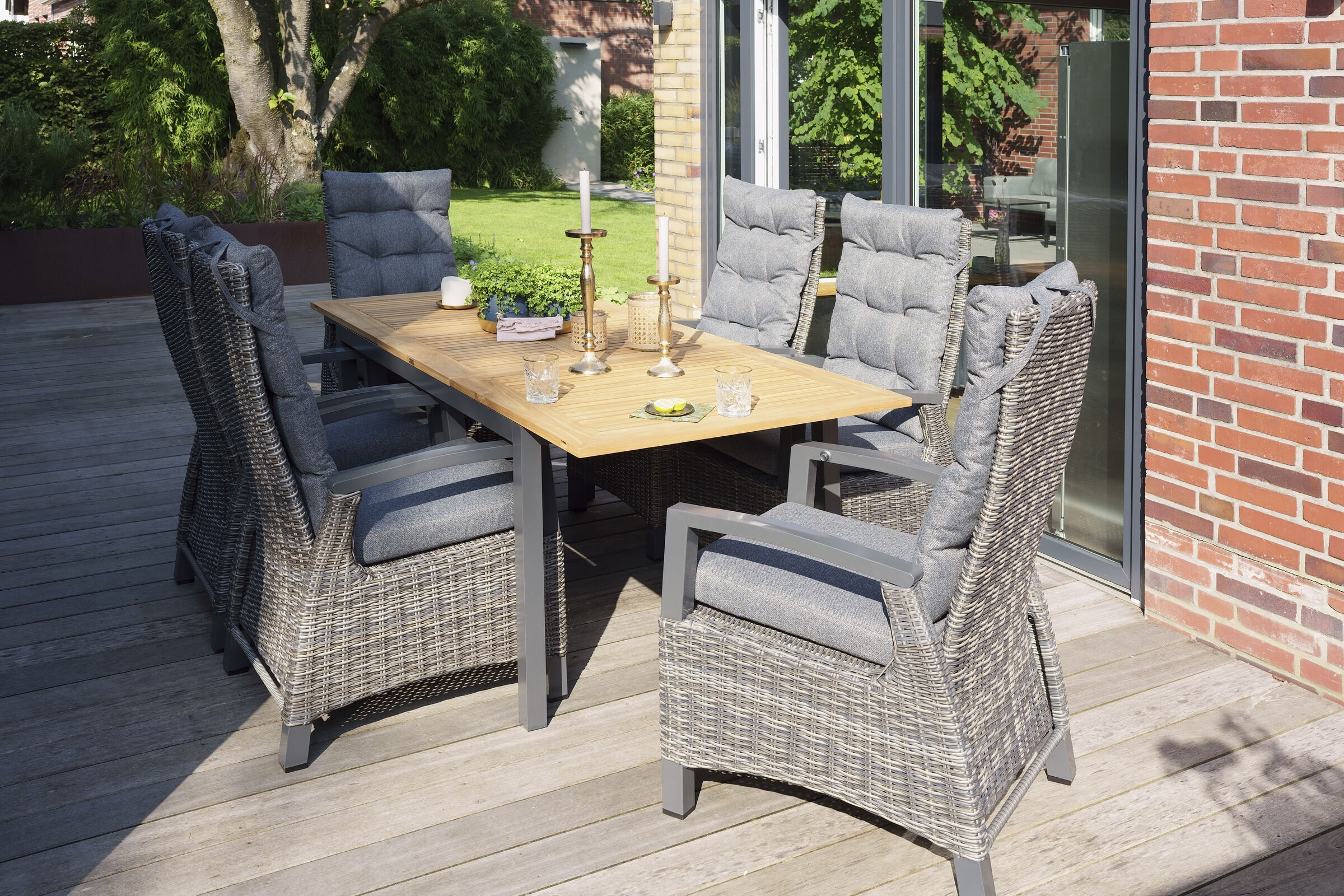 HARTMAN Exklusivmodell South Wales/Lunar Garten-Essgruppe, Xerix/natur/grau, Aluminium/FSC-Teak/Polyrattan, Tisch 150/210×90, 6 Sessel