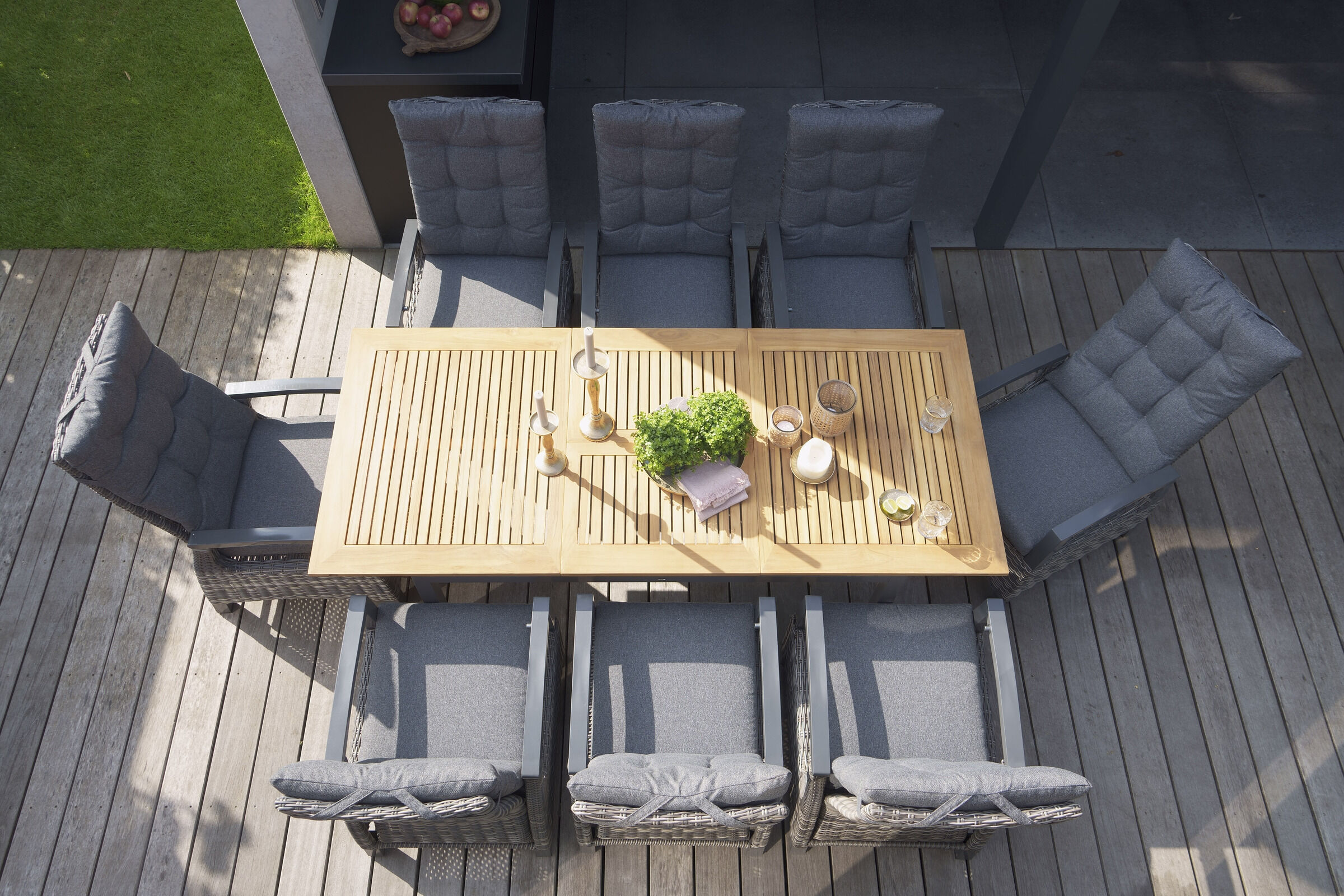 HARTMAN Exklusivmodell South Wales/Lunar Garten-Essgruppe, Xerix/natur/grau, Aluminium/FSC-Teak/Olefin, Ausziehtisch 150/210cm, 8 Dining Sessel