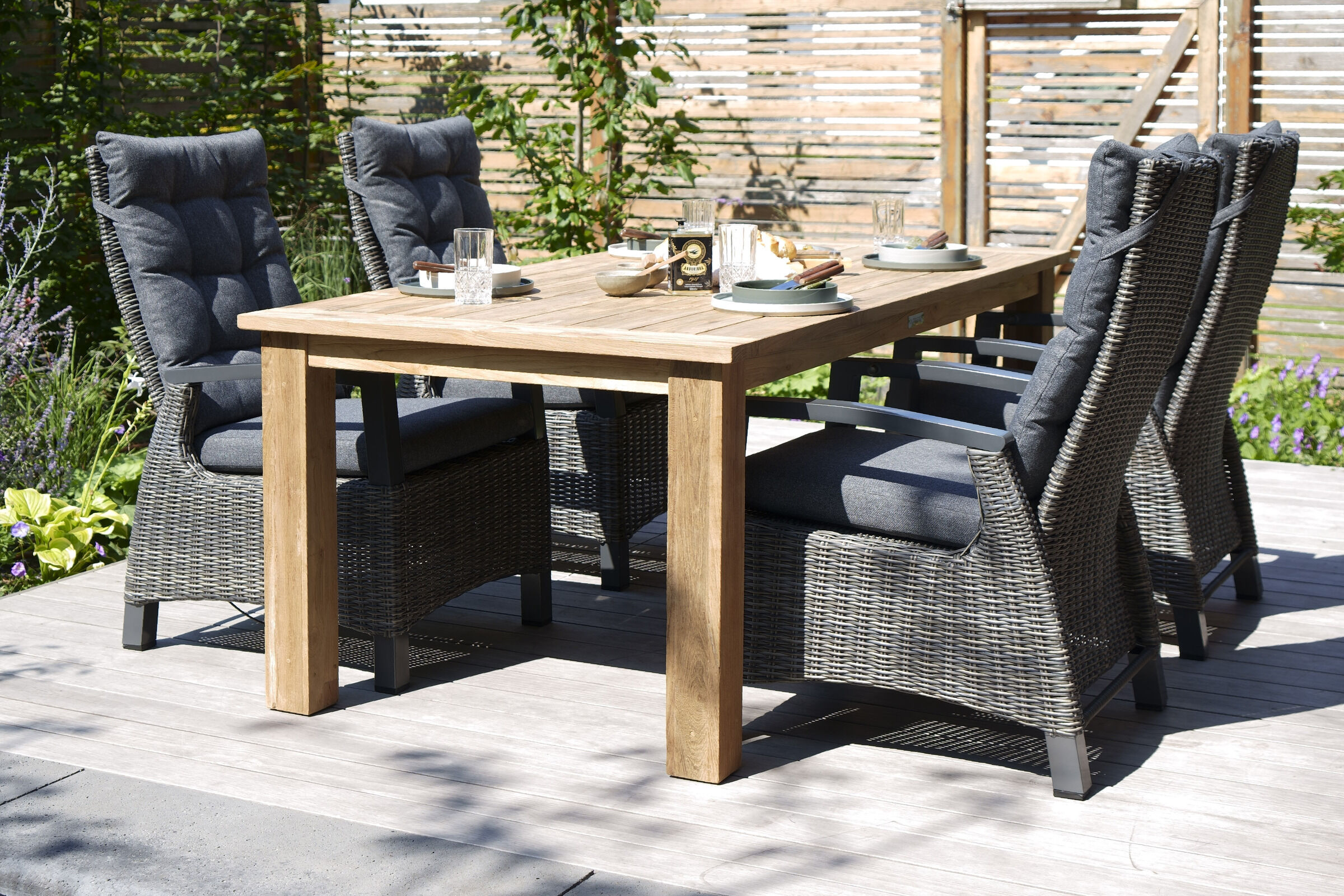 HARTMAN Exklusivmodell Lunar Garten-Essgruppe, natur/grau, Teak/Aluminium/Polyrattan, Tisch 160 x 90 cm, 4 Sessel