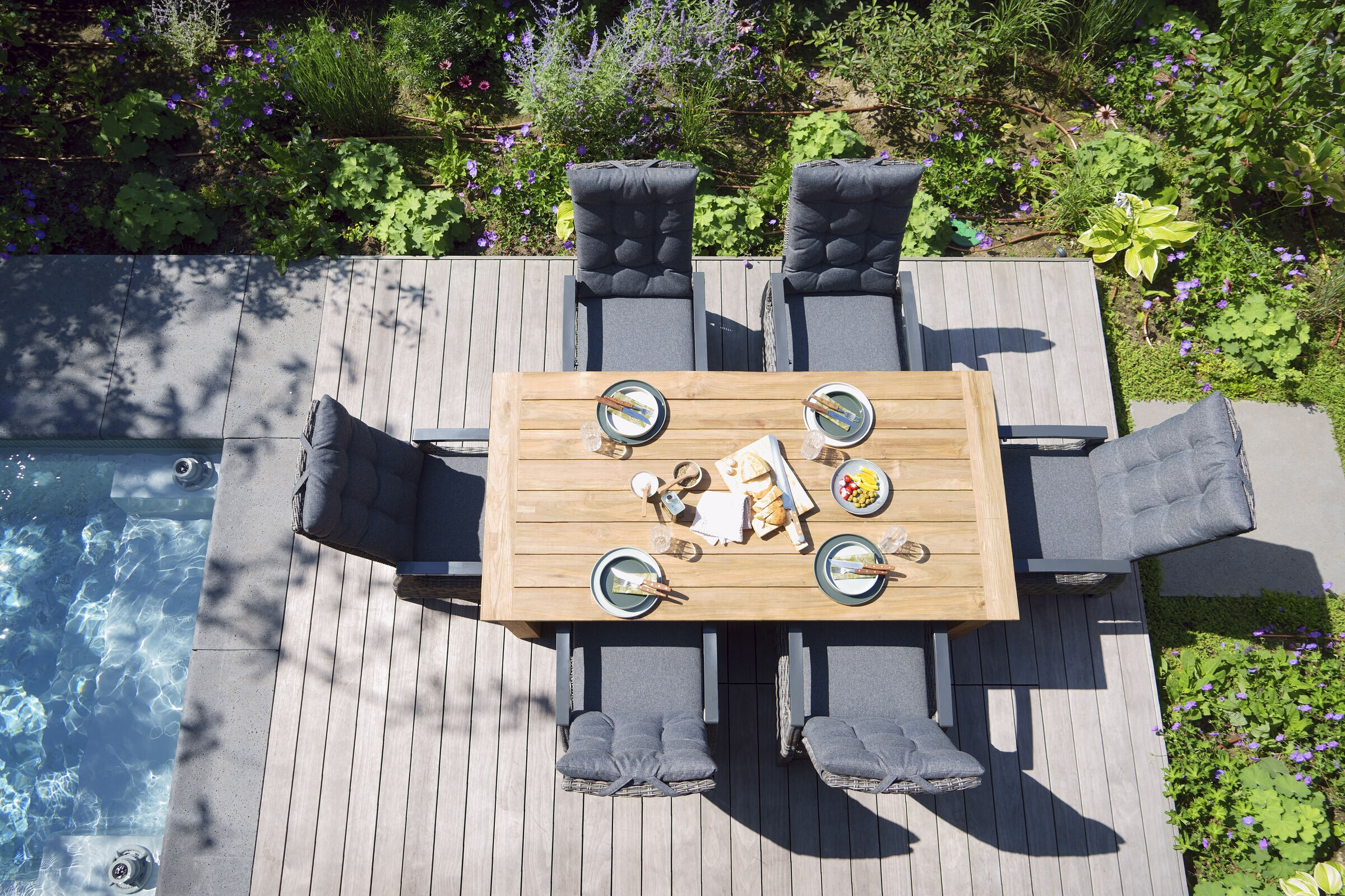 HARTMAN Exklusivmodell Lunar Garten-Essgruppe, grau/natur, Aluminium/Polyrattan/recyceltes Teak, Tisch 160 x 90 cm, 6 Sessel