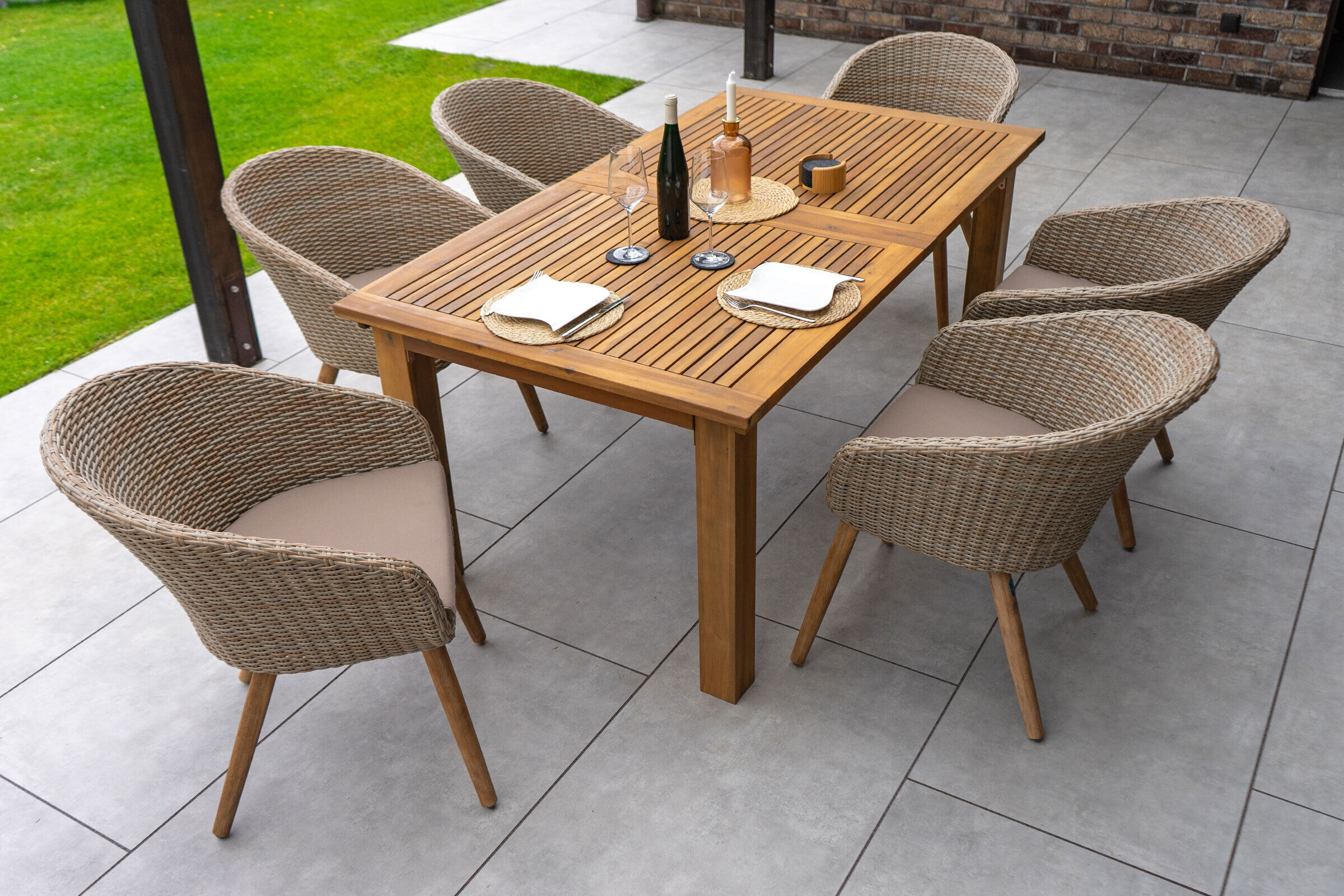 PLOß Borneo Garten-Essgruppe, beige/natur, FSC-Akazienholz/Polyrattan, ausziehbarer Tisch 180/220/260 x 100 cm, 6 Sessel