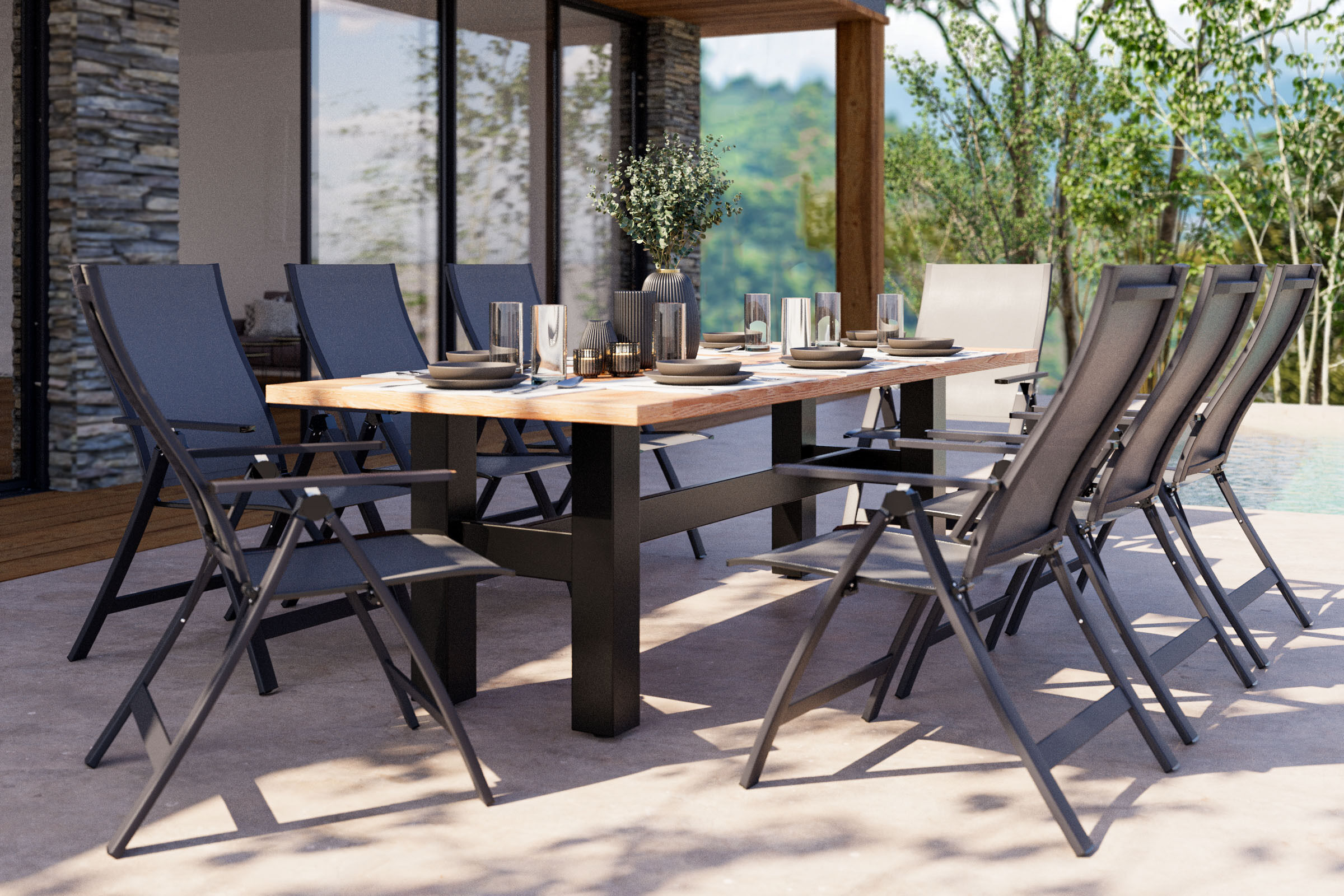 OUTFLEXX Garten-Essgruppe mit 8 Sesseln, carbon black, Alu/Textilene, hohe Belastbarkeit, klappbar & platzsparend