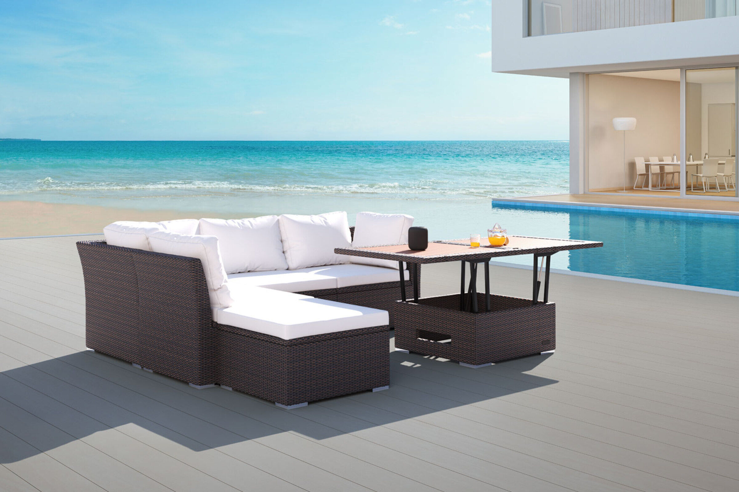 OUTFLEXX Gartenlounge, braun marmoriert, Polyrattan, inkl. Loungetisch, für 5 Personen, wasserfeste Kissenbox