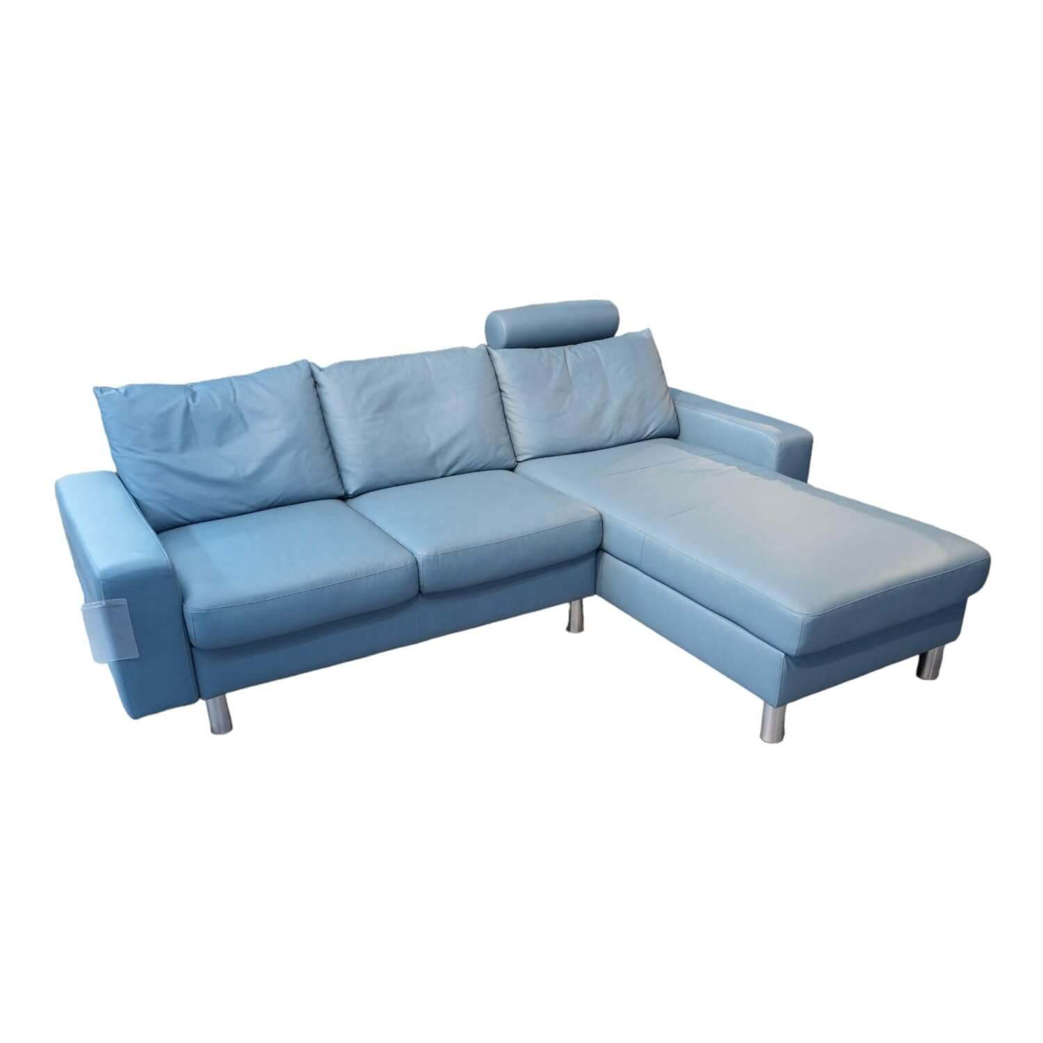 Ecksofa E 200 Leder Paloma Sparrow Blue Blau Füße Metall Mit Kopfstütze