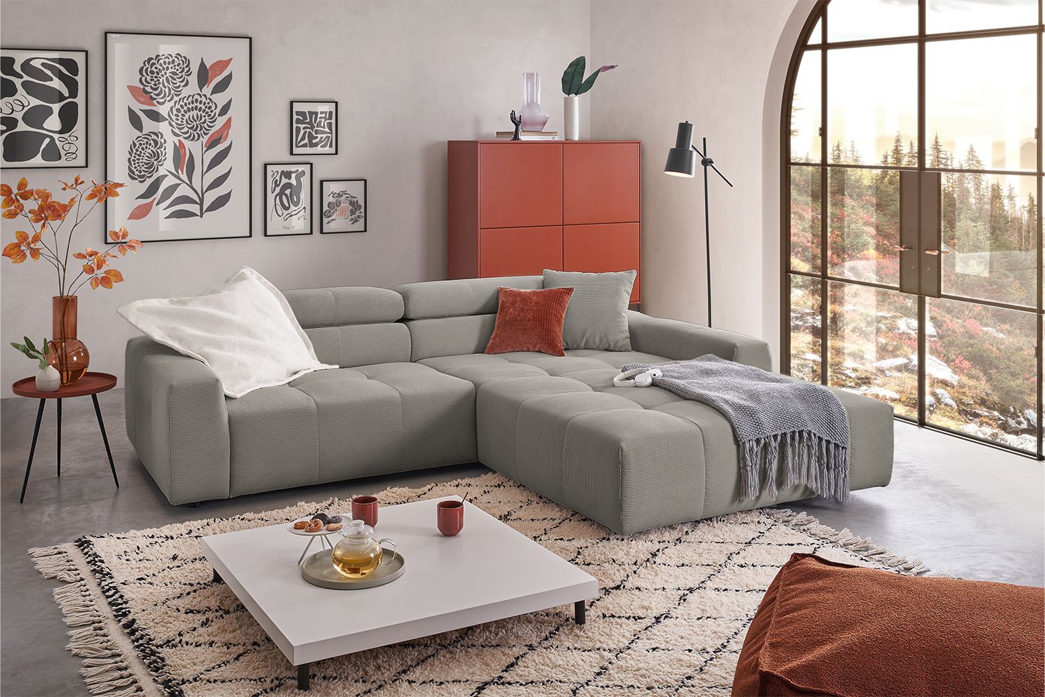 KAWOLA Sofa RENO Ecksofa Feincord grau