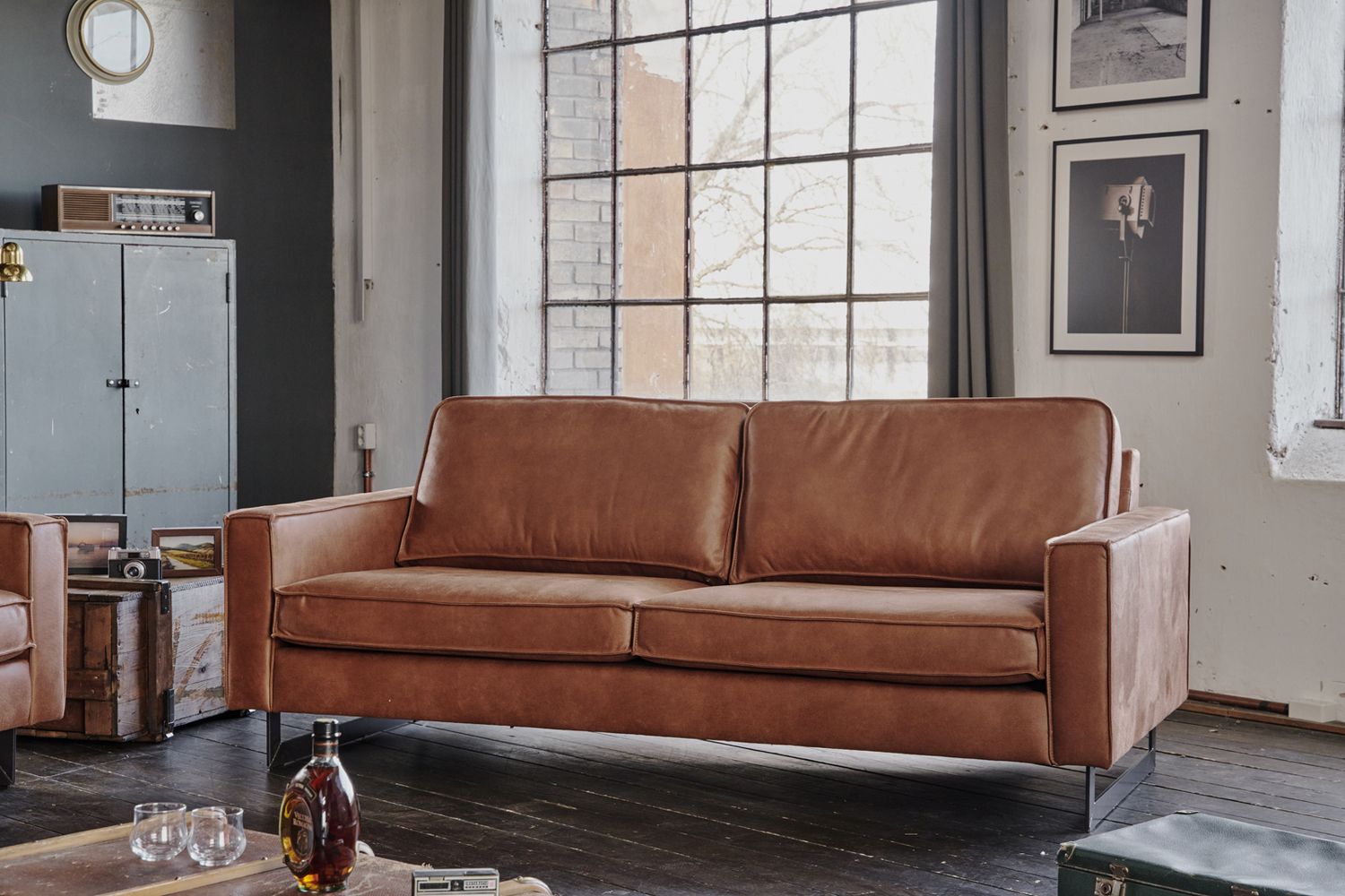 KAWOLA Sofa VILNIUS 3-Sitzer Kunstleder mit Lederanteil cognac