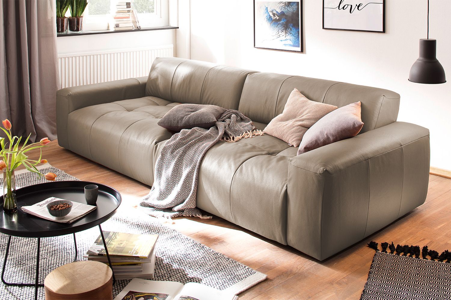 KAWOLA Big Sofa PALACE 3-Sitzer mit Sitztiefenverstellung Leder taupe