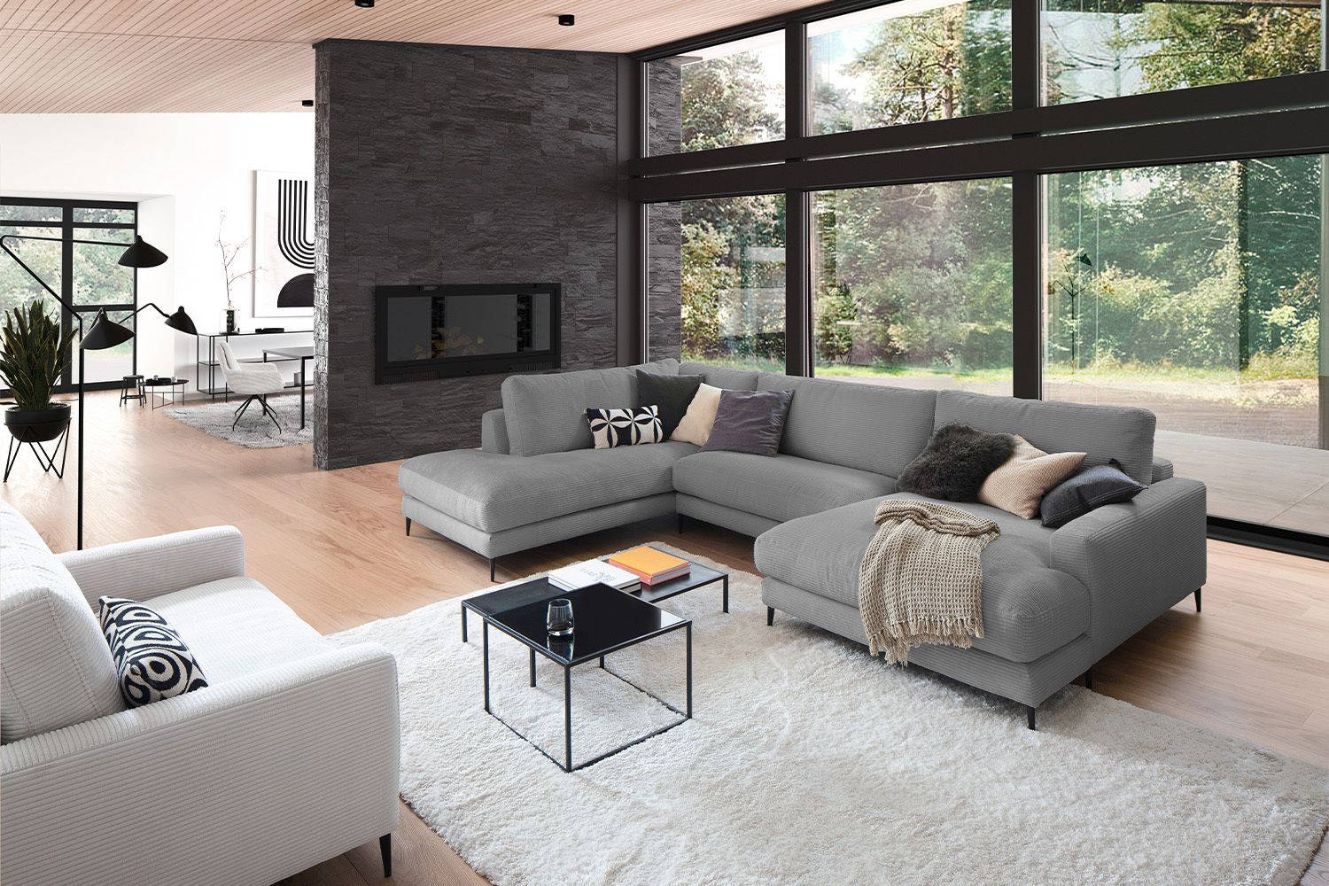 KAWOLA Sofa CARA Wohnlandschaft U-Form Cord grau