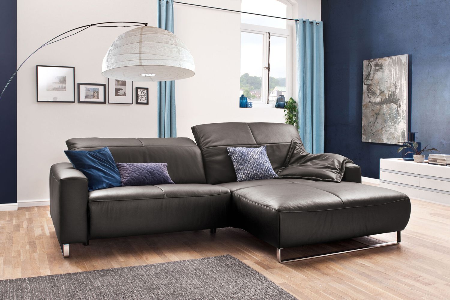 KAWOLA Sofa YORK Leder Recamiere asphalt