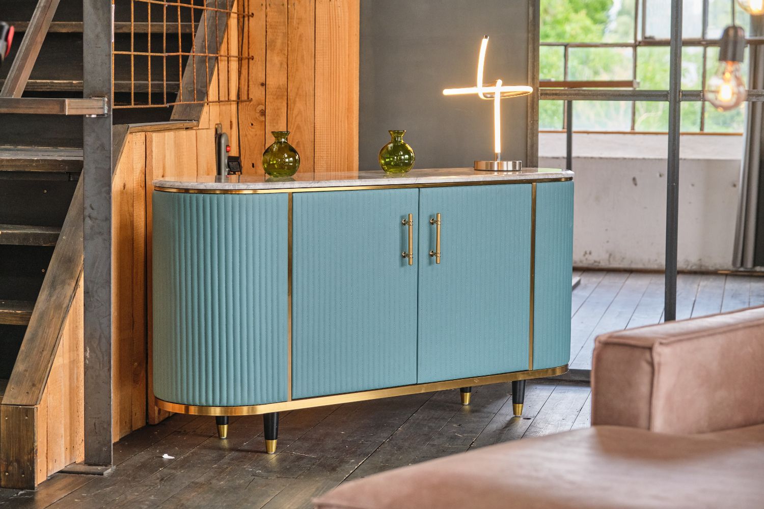 KAWOLA Sideboard MARIA Marmorplatte Kunstleder hellblau