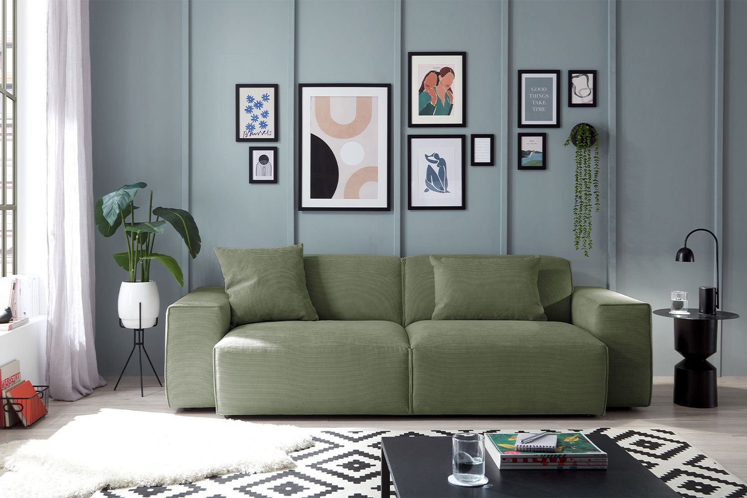 KAWOLA Sofa RANI 3-Sitzer Feincord olivgrün