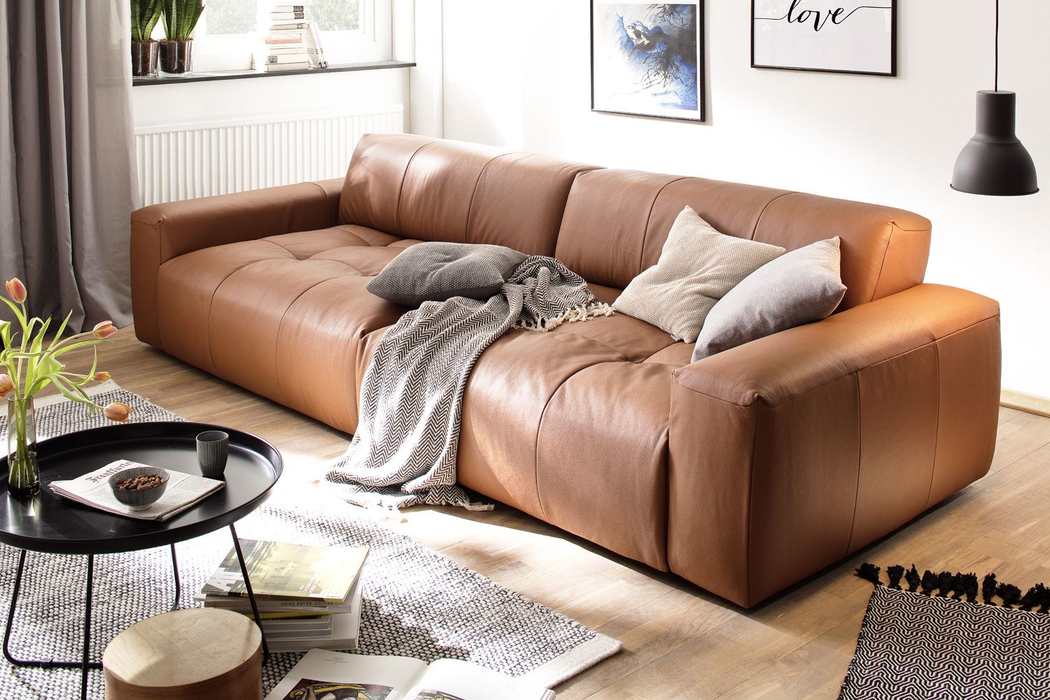 KAWOLA Big Sofa PALACE 3-Sitzer mit Sitztiefenverstellung Leder brandy