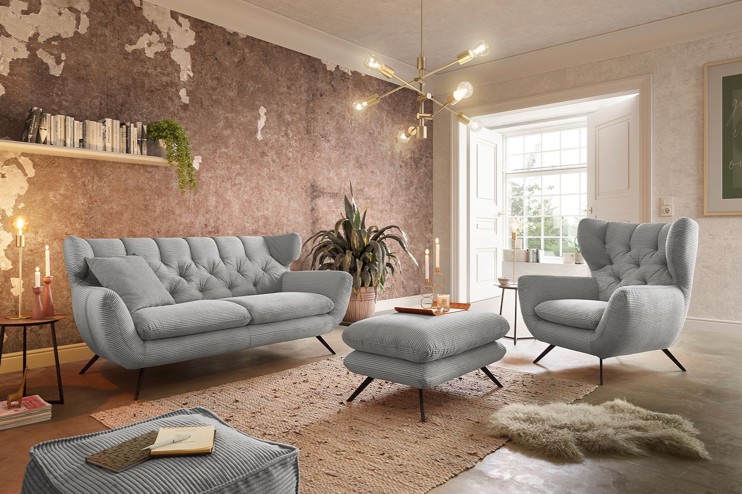 KAWOLA Sitzgruppe CHARME Sofa Sessel Hockerbank Cord hellgrau