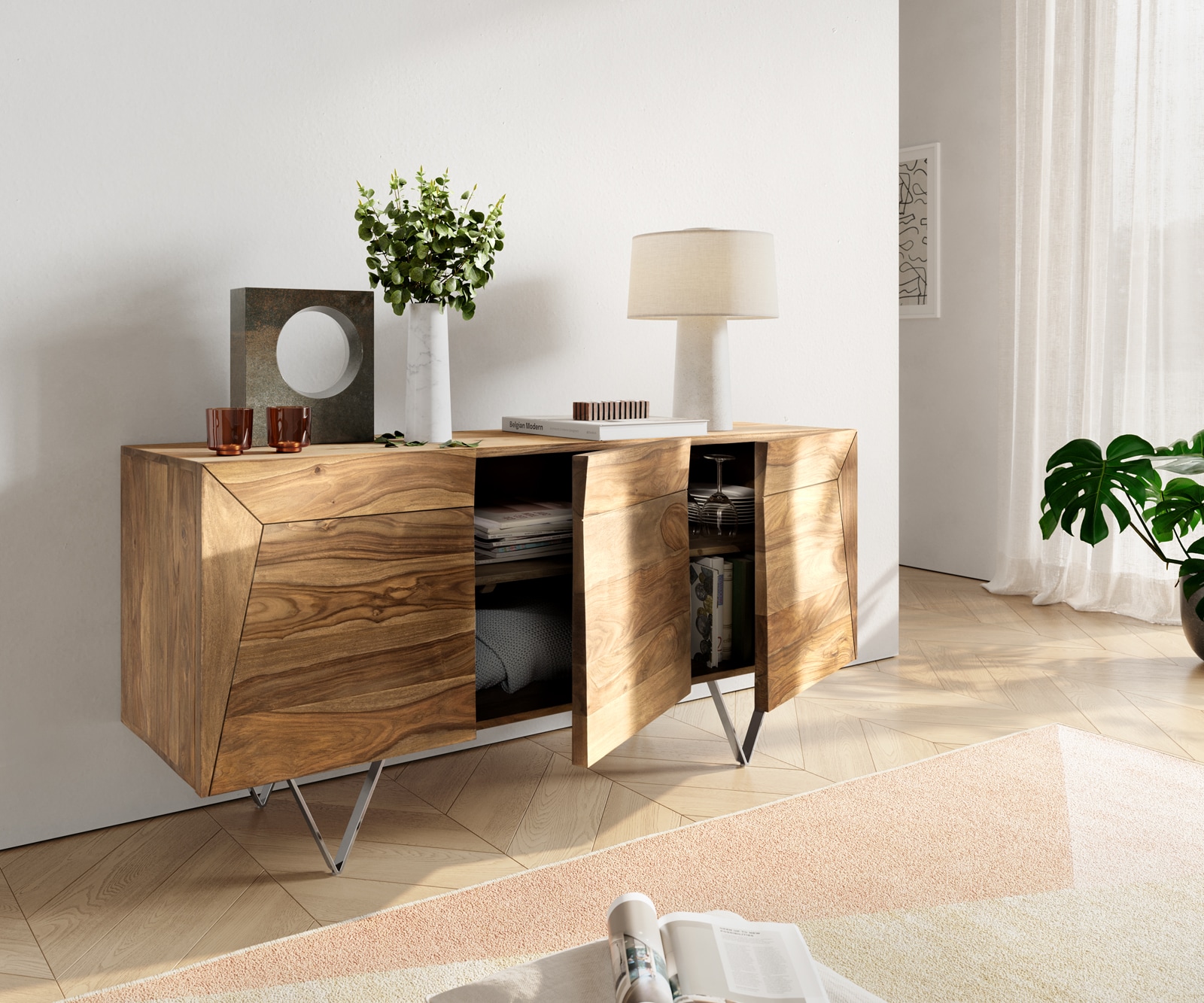 DELIFE Design-Sideboard Wyatt 150 cm Sheesham Natur 3D Optik oben Edelstahl Fuß 20 cm, Sideboards