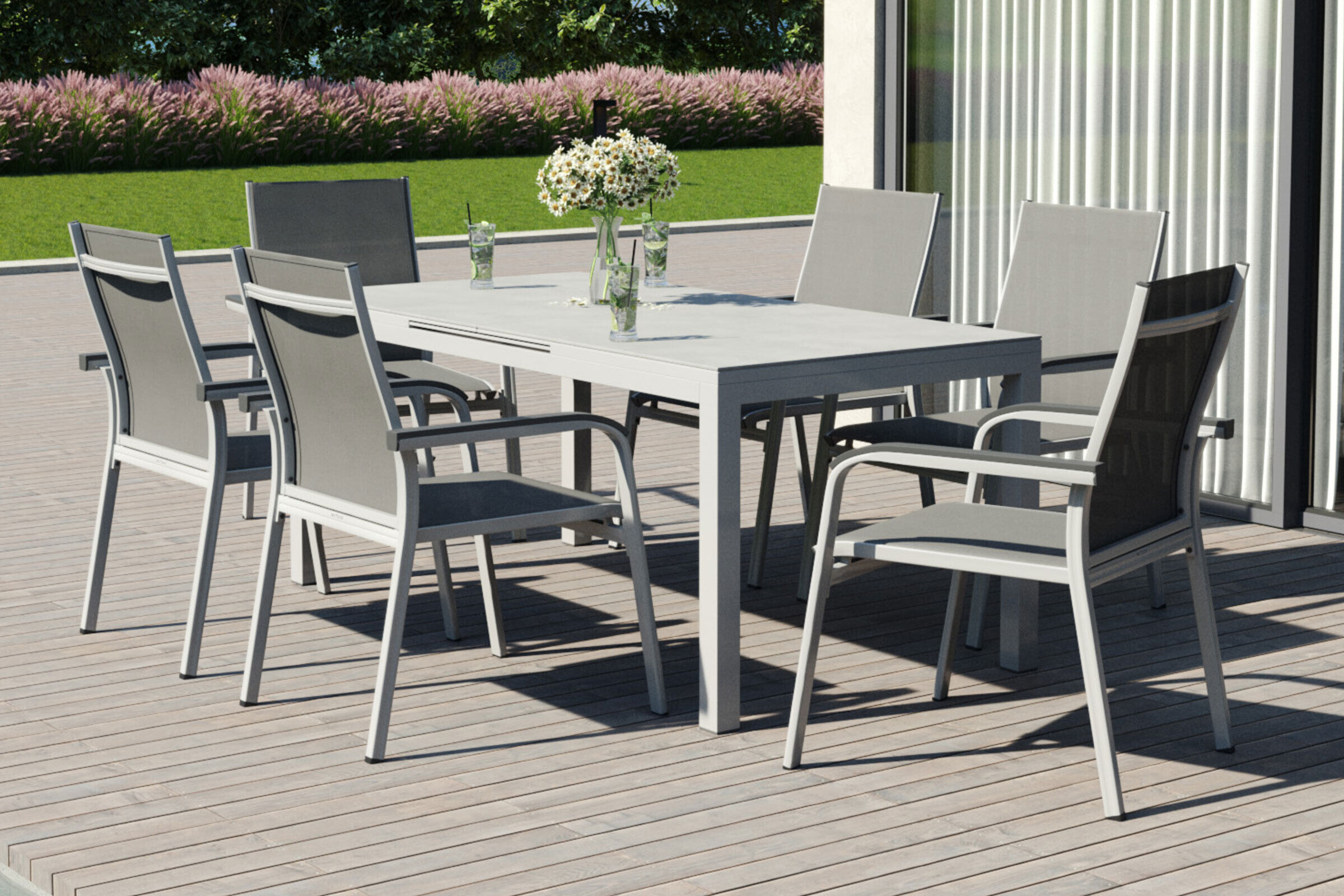 KETTLER Basic Plus Garten-Essgruppe, silber/anthrazit, Alu/Textilene, 180/240x90cm, 6 Stapelsessel