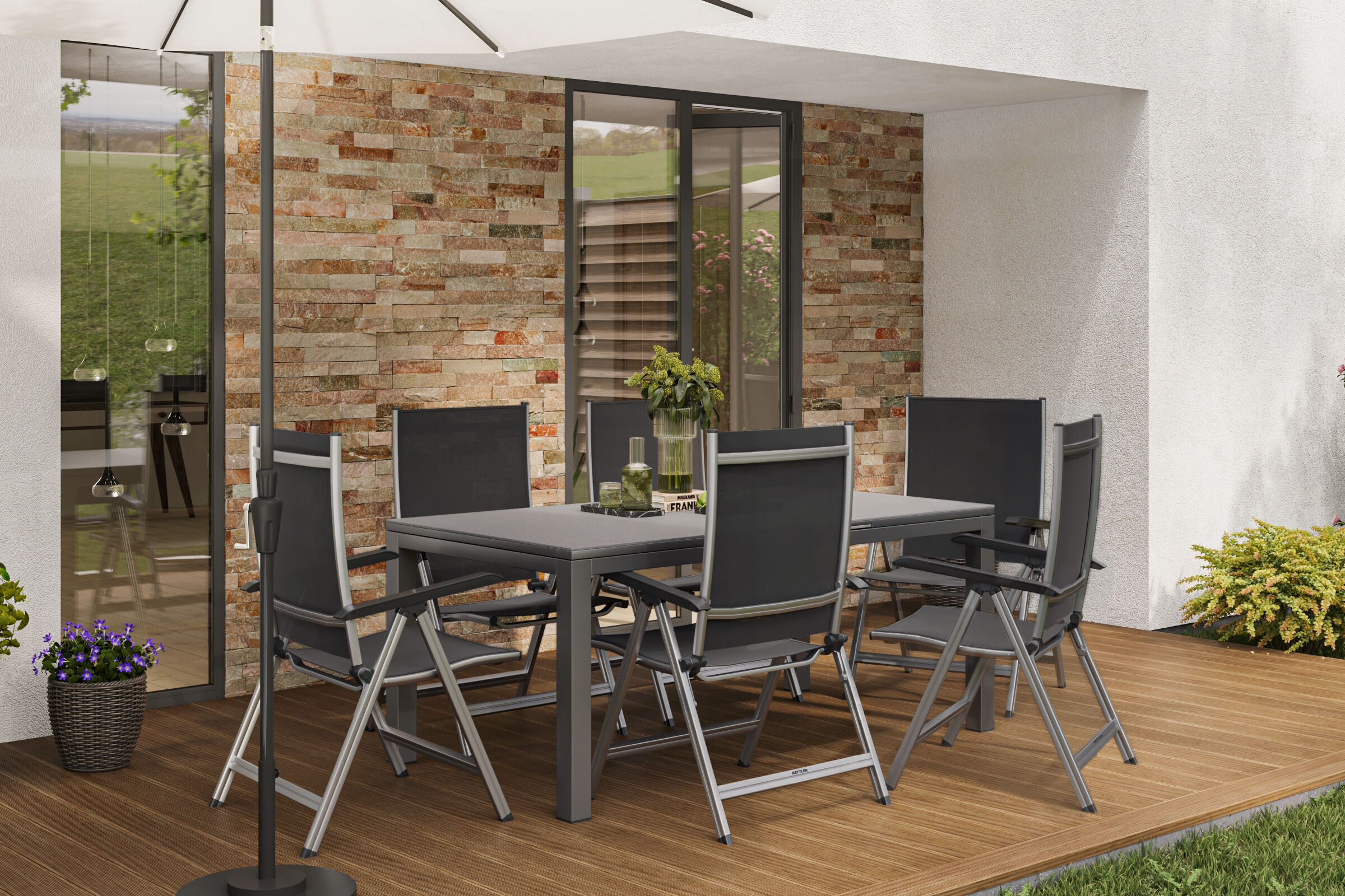 KETTLER Basic Plus Garten-Essgruppe, silber/anthrazit, Alu/Textilene, 180/240x90cm, 6 Multipositionssessel