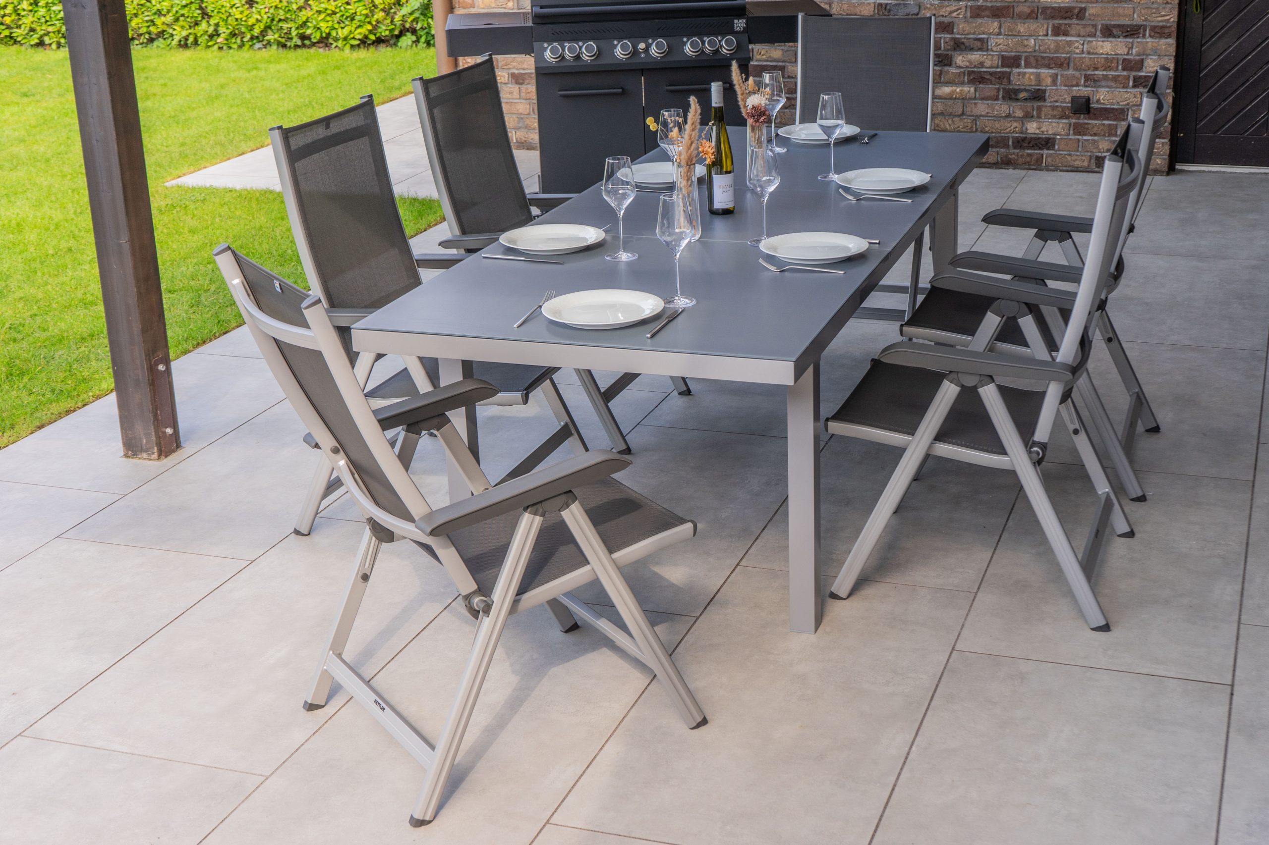 KETTLER BasicPlus Garten-Essgruppe, silber, Alu/Textilene, Tisch 180/240x100cm, 6 Multipositionssessel