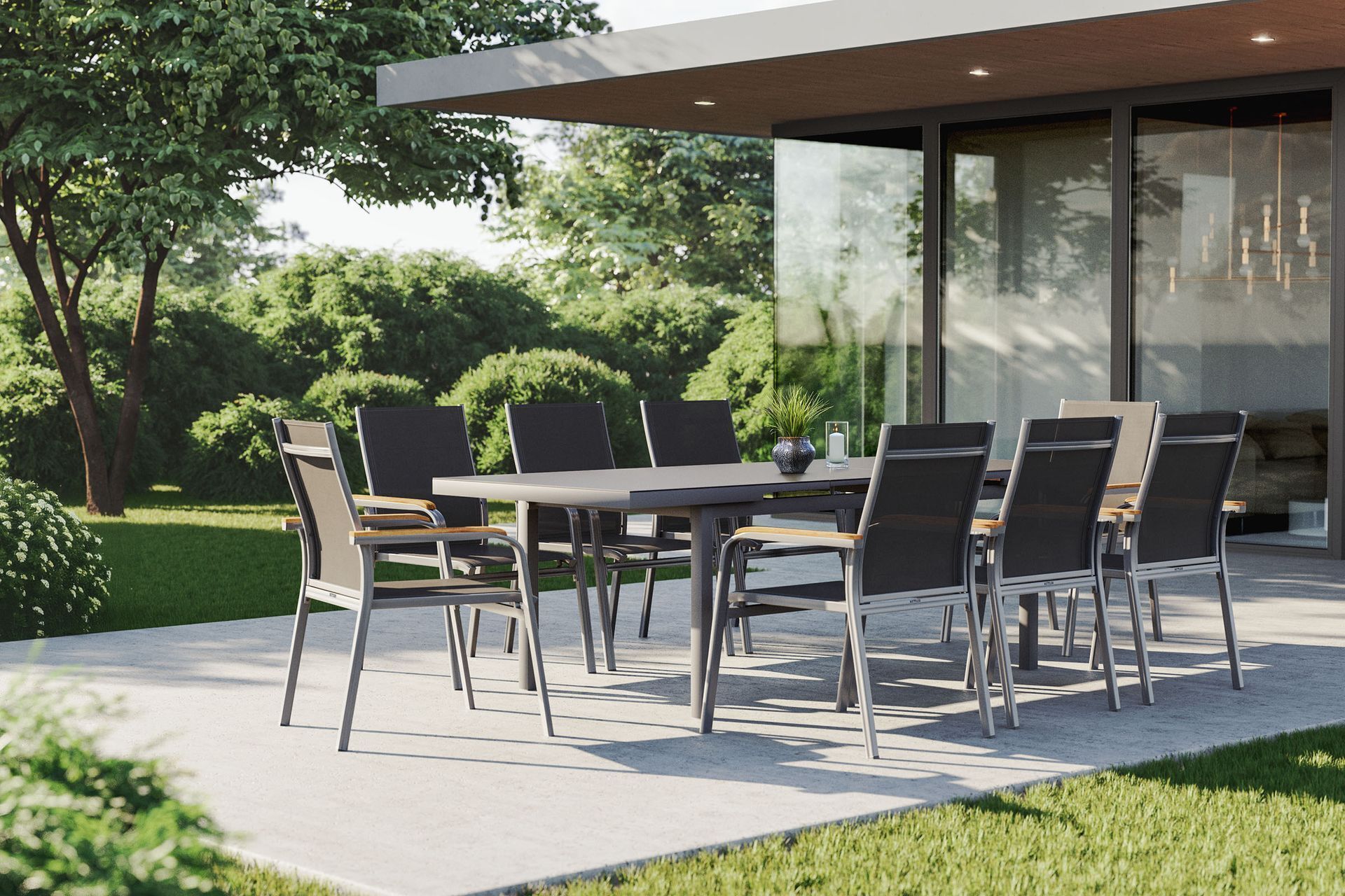 KETTLER Granada Garten-Essgruppe, silber, Alu/Textilene, Tisch 180/240x100cm, 8 Stapelsessel