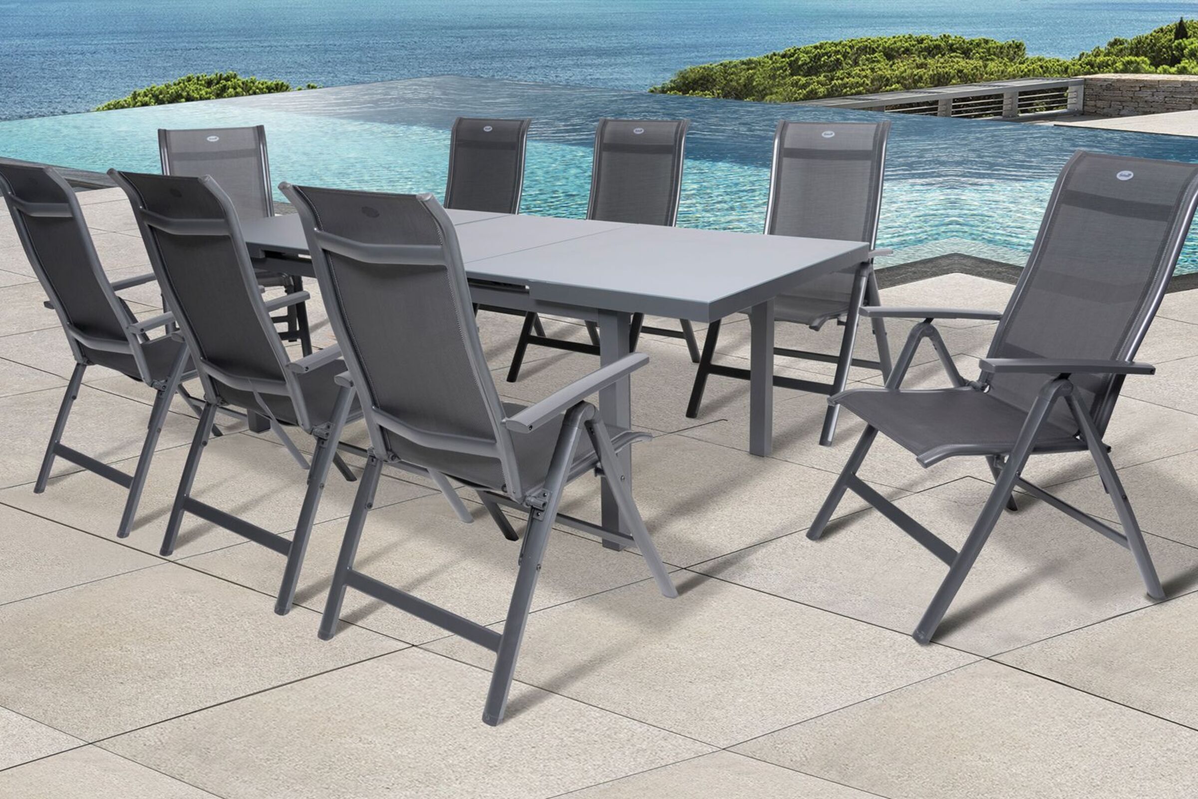 HARTMAN Alice Comfort Garten-Essgruppe, xerix, Alu/Textilene, Tisch 180/240x100cm, 8 Multipositionssessel