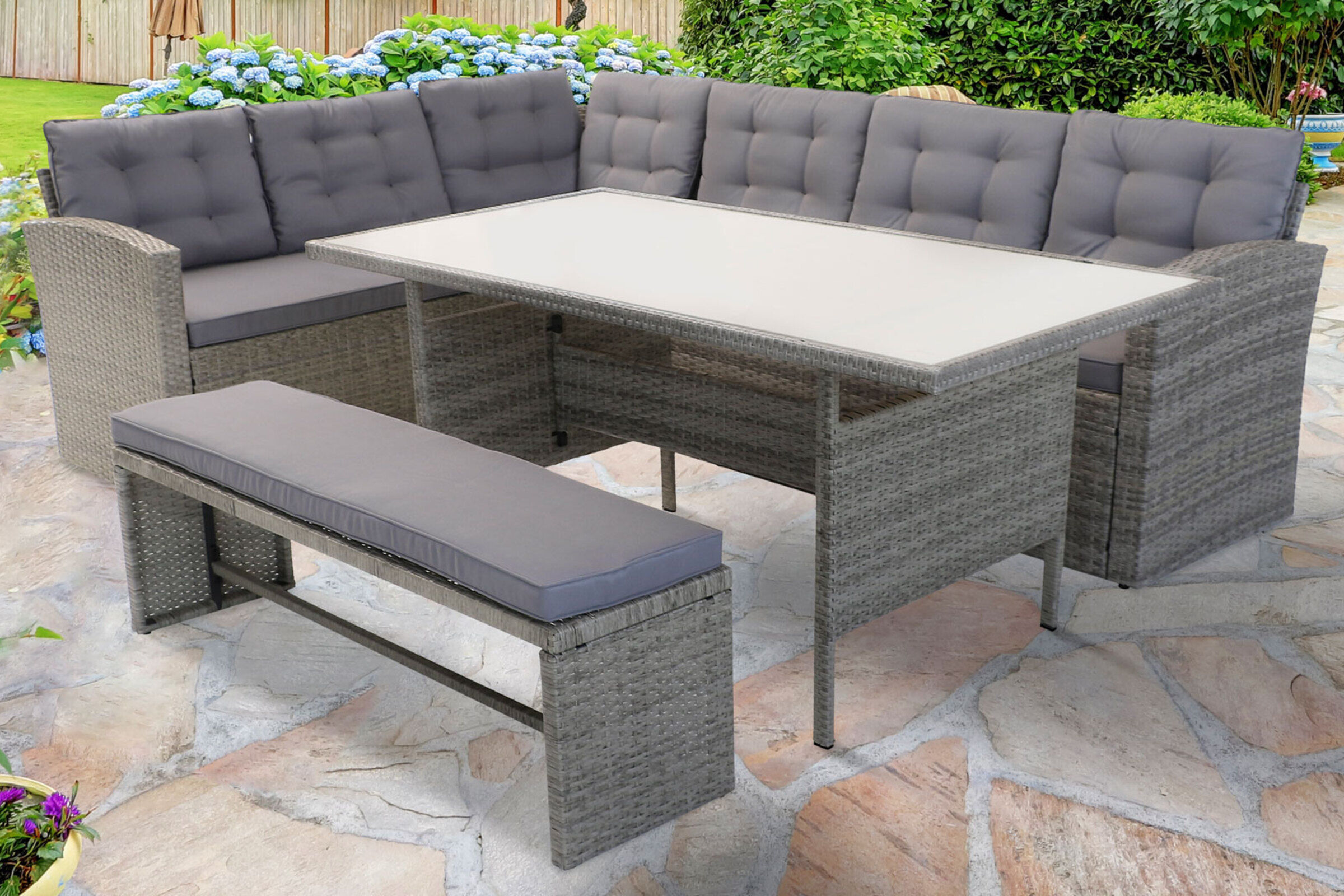 OUTFLEXX Gartenlounge, hellgrau meliert/grau, Polyrattan/Polyester, Tisch 145x79cm, 4 tlg., 7 Pers, inkl. Polster