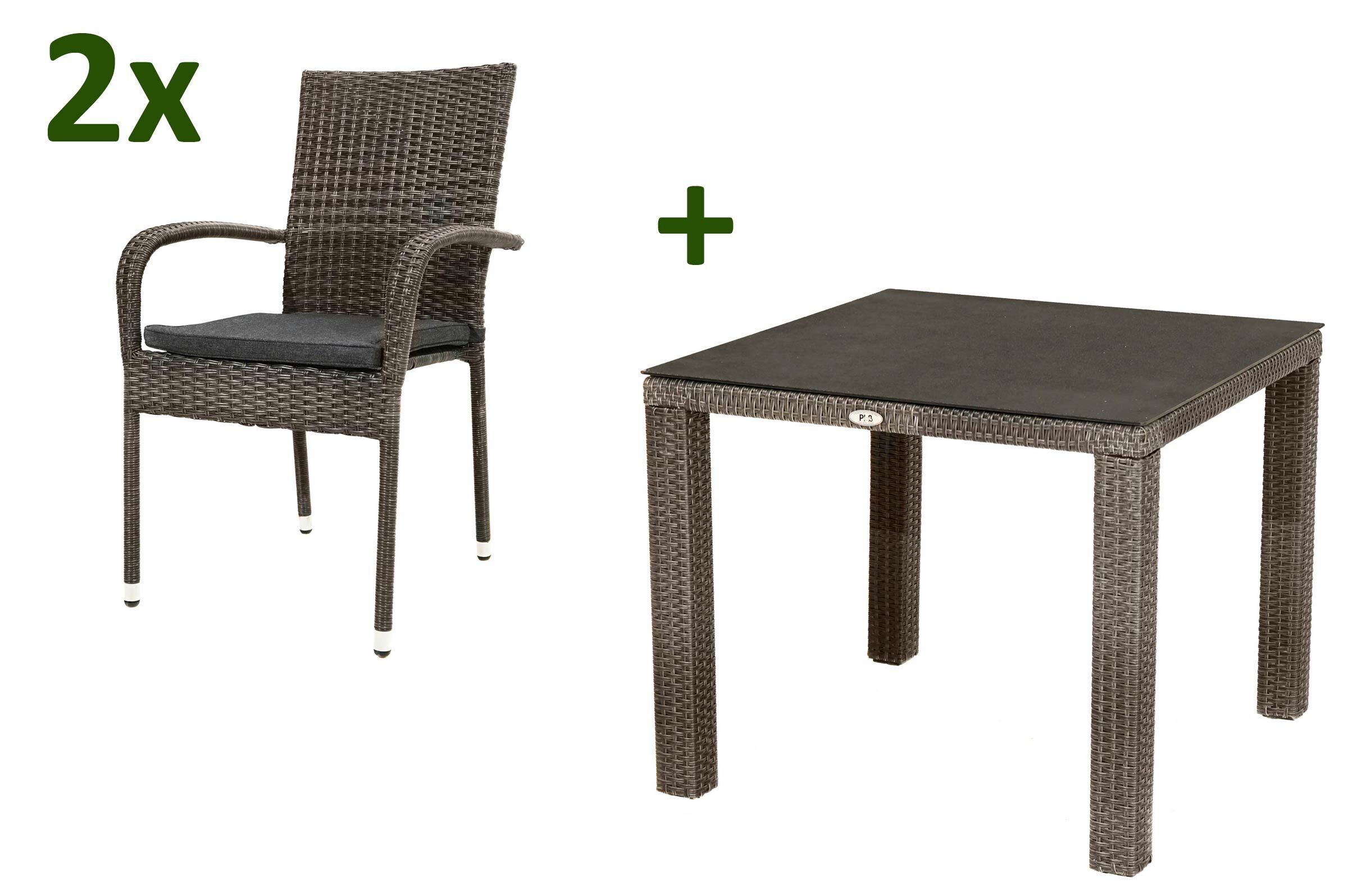 Ploß Rocking Balkon-Set, grau/braun-meliert, Polyrattan, Tisch 90×90 cm, 2 Stapelstühle, Glasplatte in Steinoptik