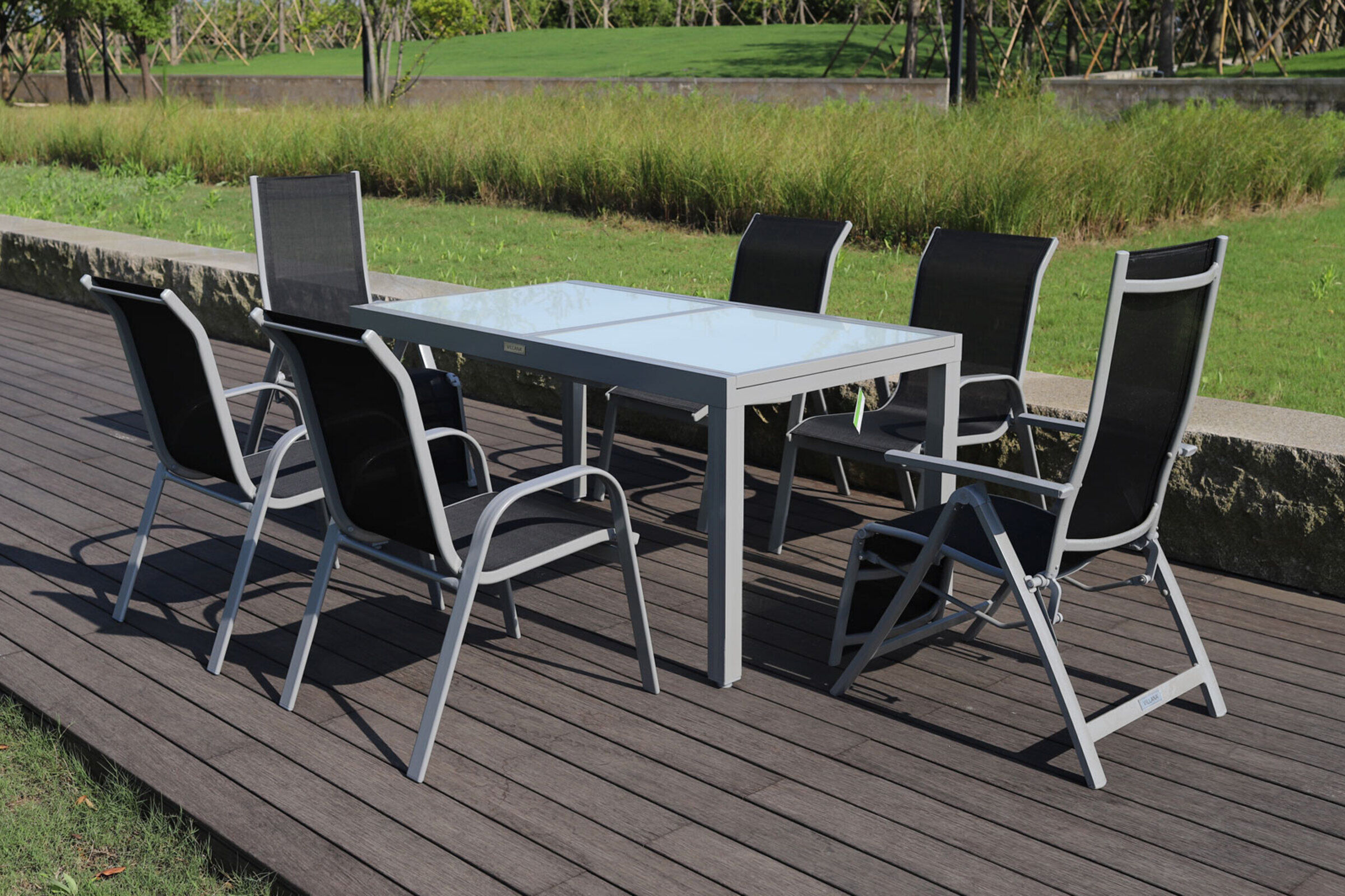 VILLANA Garten-Essgruppe, silber/schwarz, Alu/Textilene, Ausziehtisch 160/220 x 90 cm, 2 Relaxsessel, 4 Sessel, stapelbar