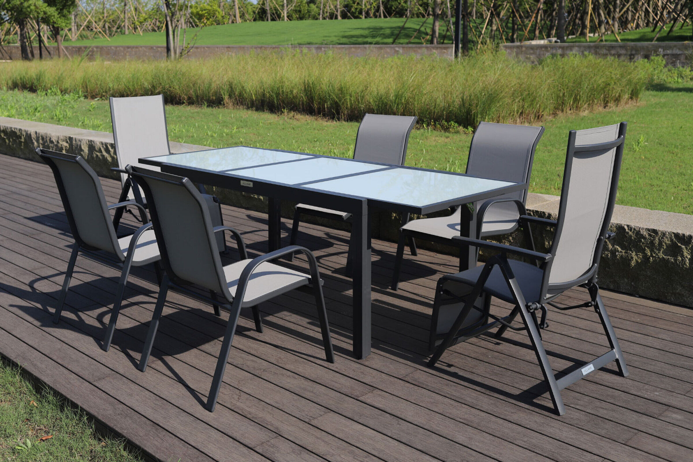 VILLANA Garten-Essgruppe, anthrazit/grau, Alu/Textilene, Ausziehtisch 160/220 x 90 cm, 2 Relaxsessel, 4 Sessel, stapelbar