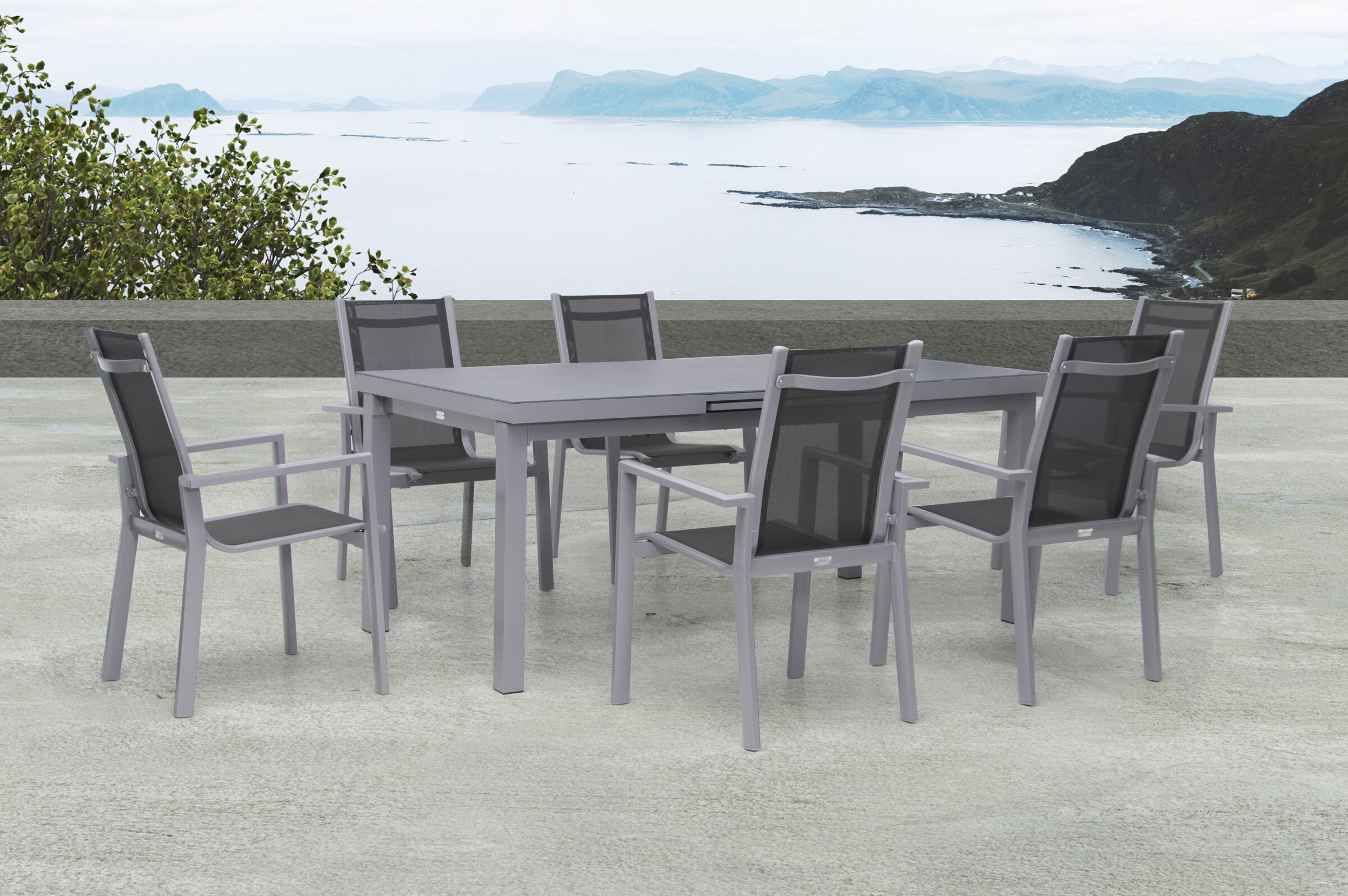 OUTFLEXX Premium Garten-Essgruppe, silber/grau, Alu/Textilene, Ausziehtisch 180/240 x 100 cm, 6 Stapelsessel