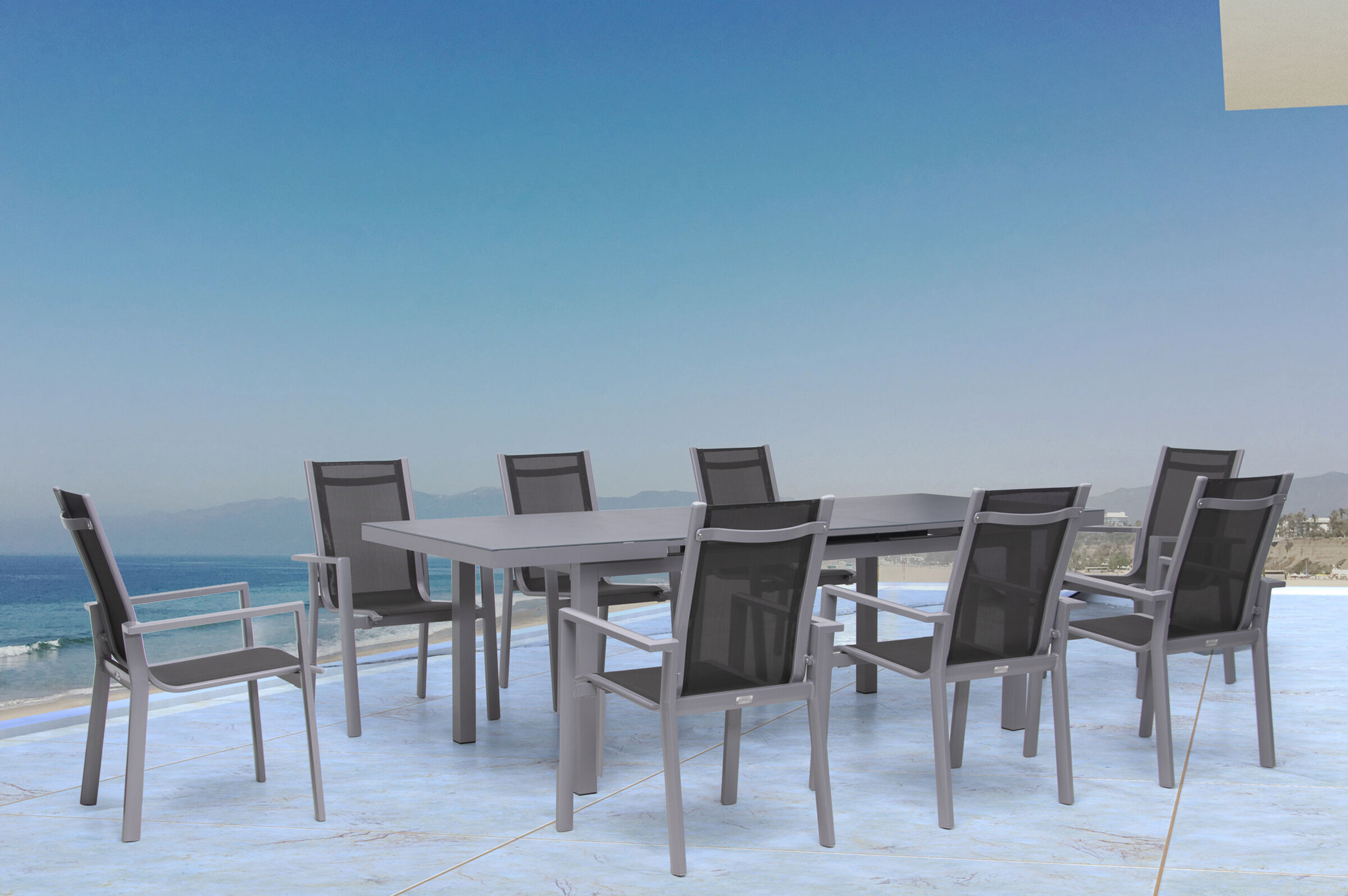 OUTFLEXX Premium Garten-Essgruppe, silber/grau, Alu/Textilene, Ausziehtisch 180/240 x 100 cm, 8 Stapelsessel