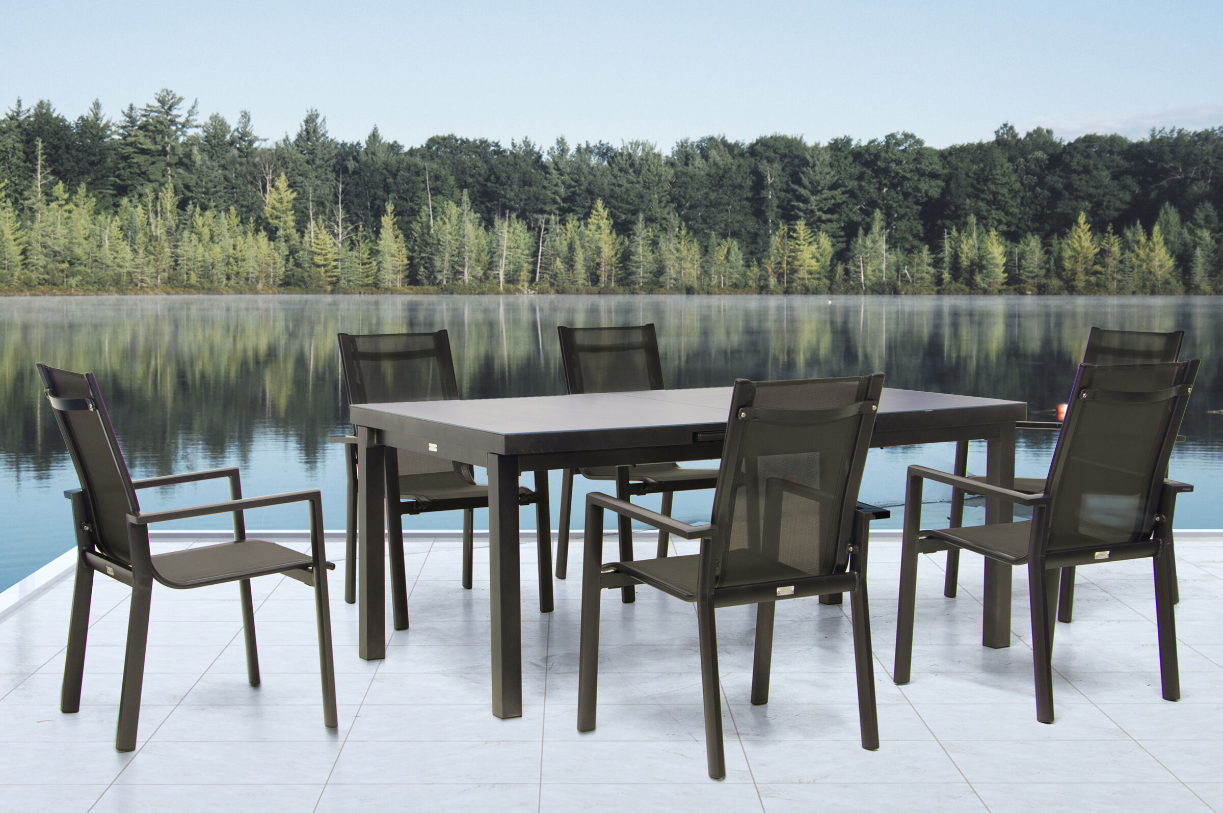 OUTFLEXX Premium Garten-Essgruppe, anthrazit/grau, Alu/Textilene, Ausziehtisch 180/240x100cm, 6 Stapelsessel