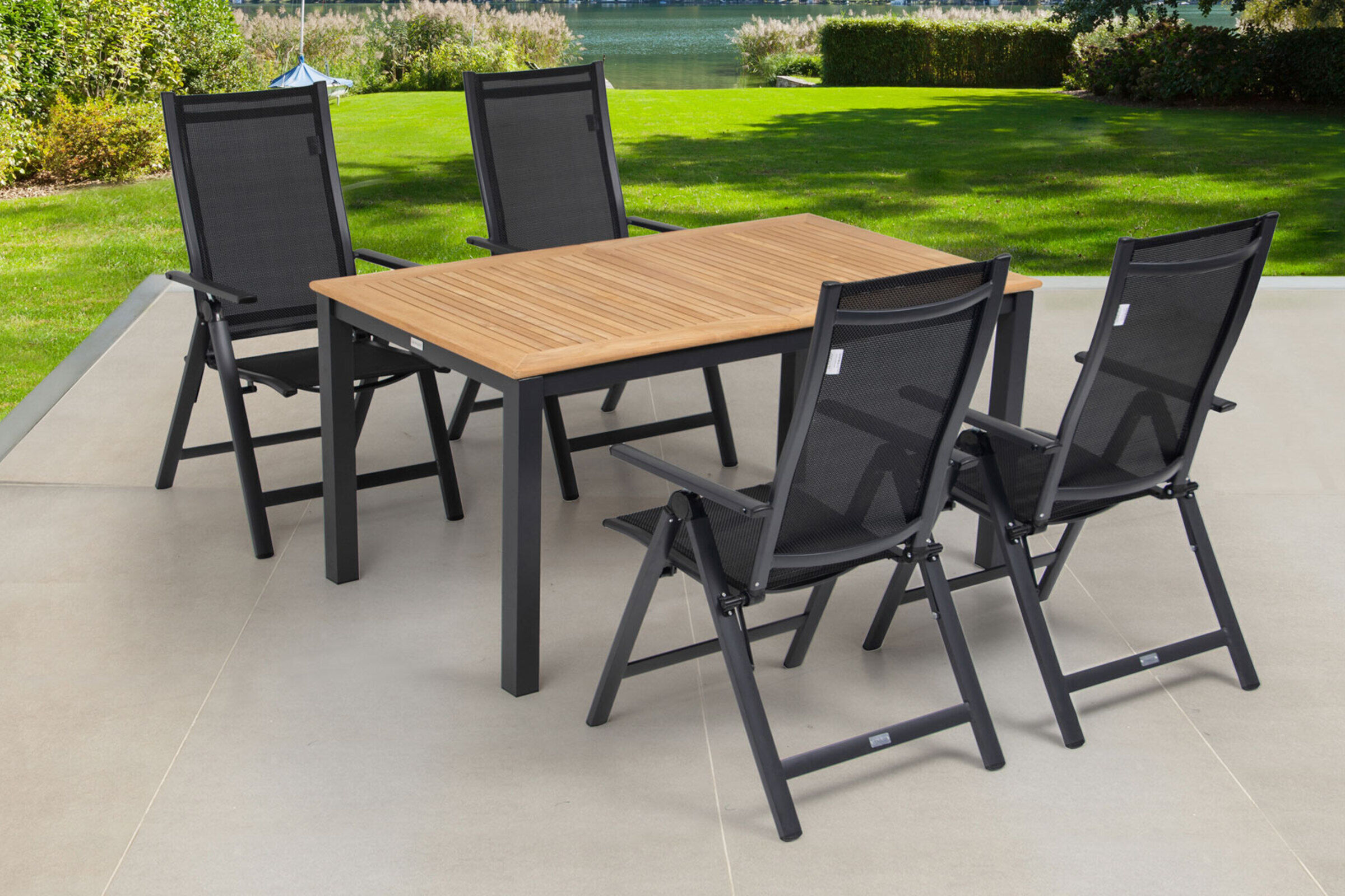 OUTFLEXX Garten-Essgruppe, OUTFLEXX® anthrazit matt, Alu / Teak / Textil, Ausziehtisch 150/210 x 90 cm, 4 Multipositionssessel