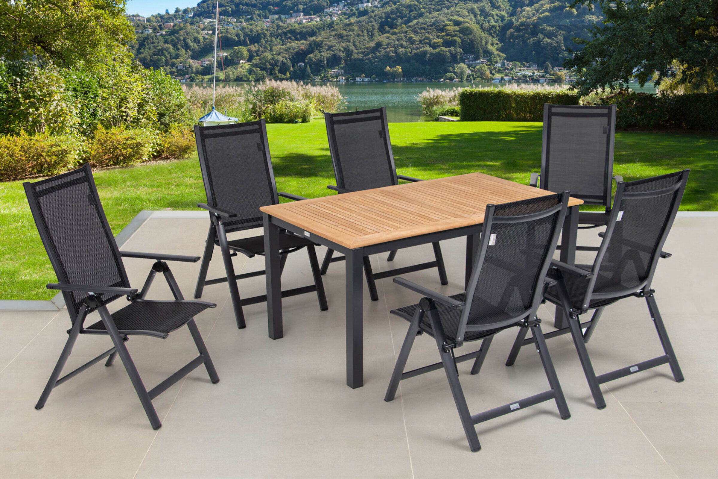 OUTFLEXX Garten-Essgruppe, OUTFLEXX® anthrazit matt, Alu / Teak / Textil, Ausziehtisch 150/210 x 90 cm, 6 Multipositionssessel