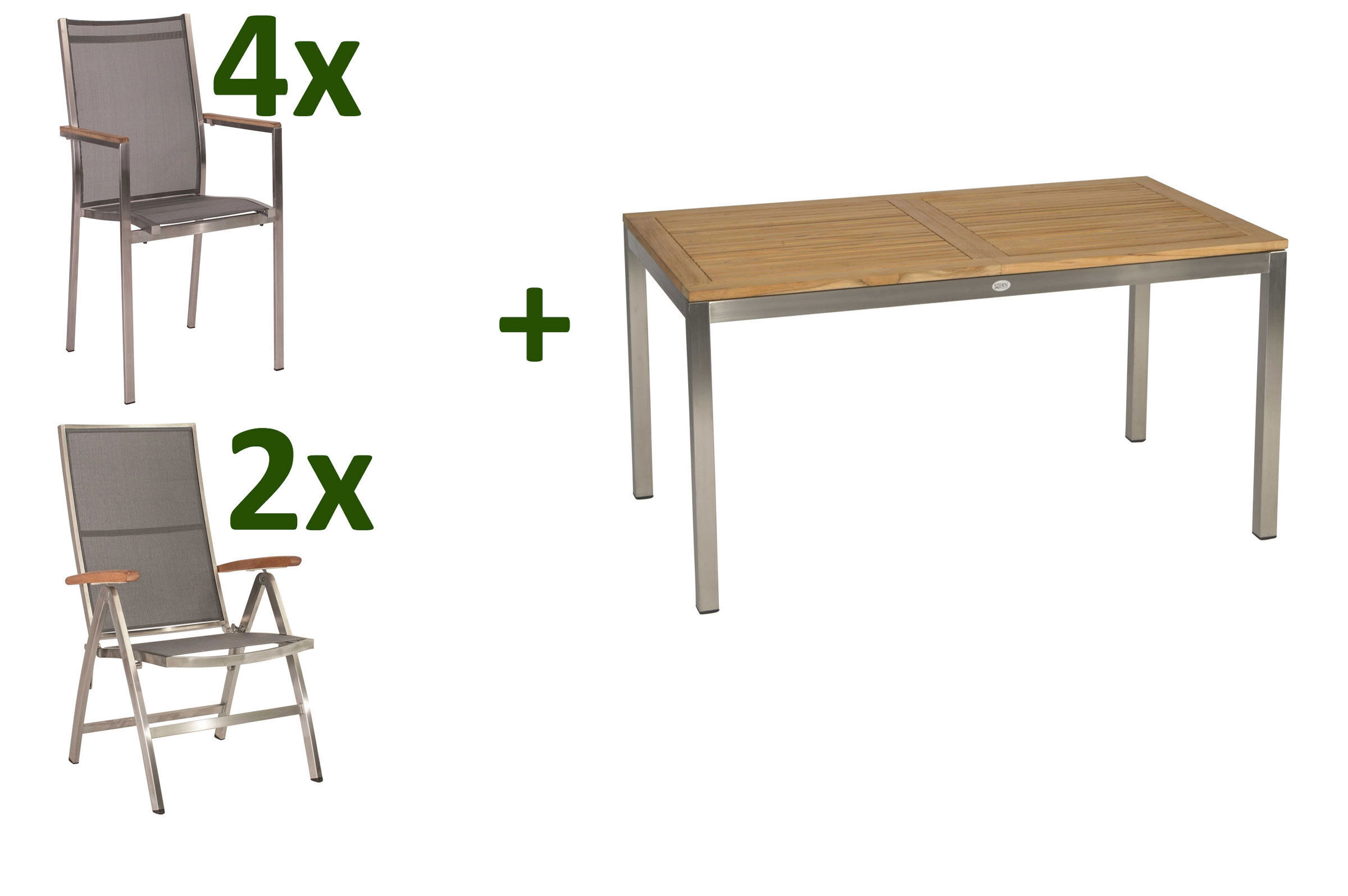 STERN Cardiff Garten-Essgruppe, silber/silbergrau, Edelstahl/Textilen/FSC-Teak, 162/220 x 90 cm, 4 Stapelsessel, 2 Multipositionssessel