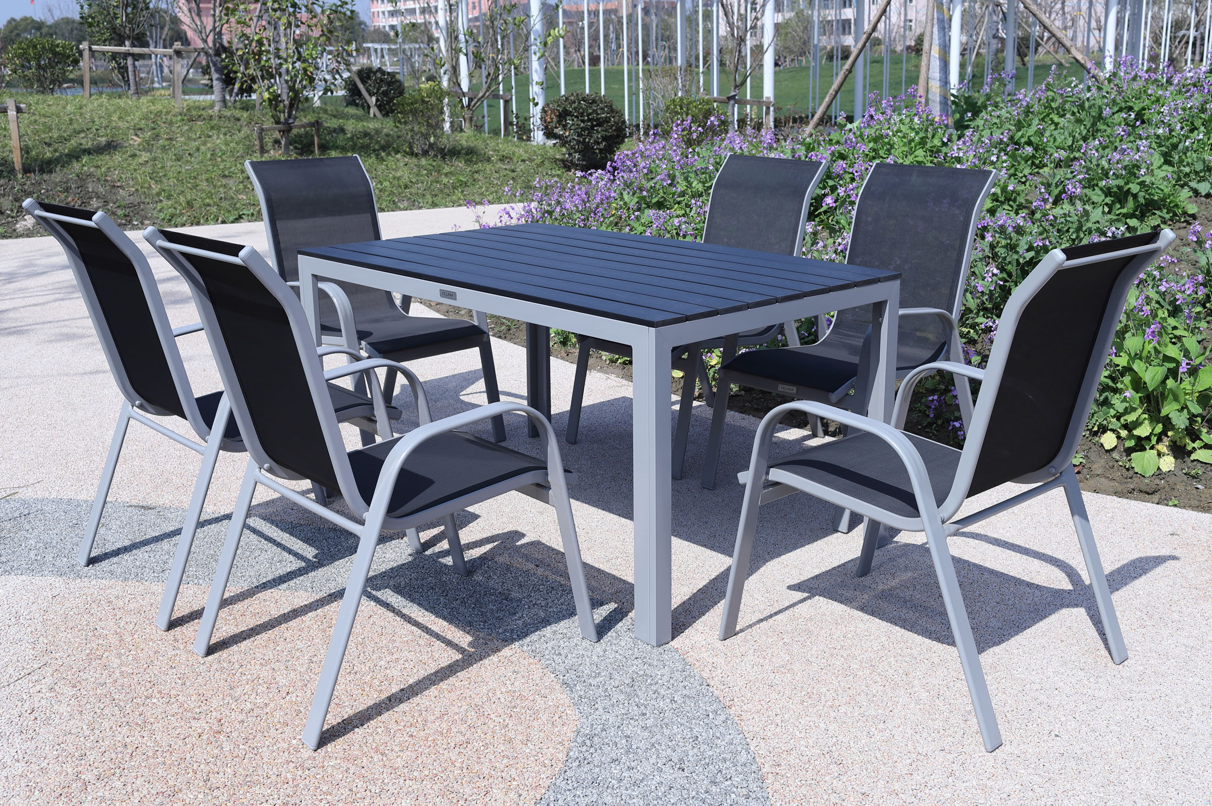 VILLANA Garten-Essgruppe, silber/schwarz, Alu/Holzimitat/Textil, Tisch 150x90cm, 6 Sessel, stapelbar