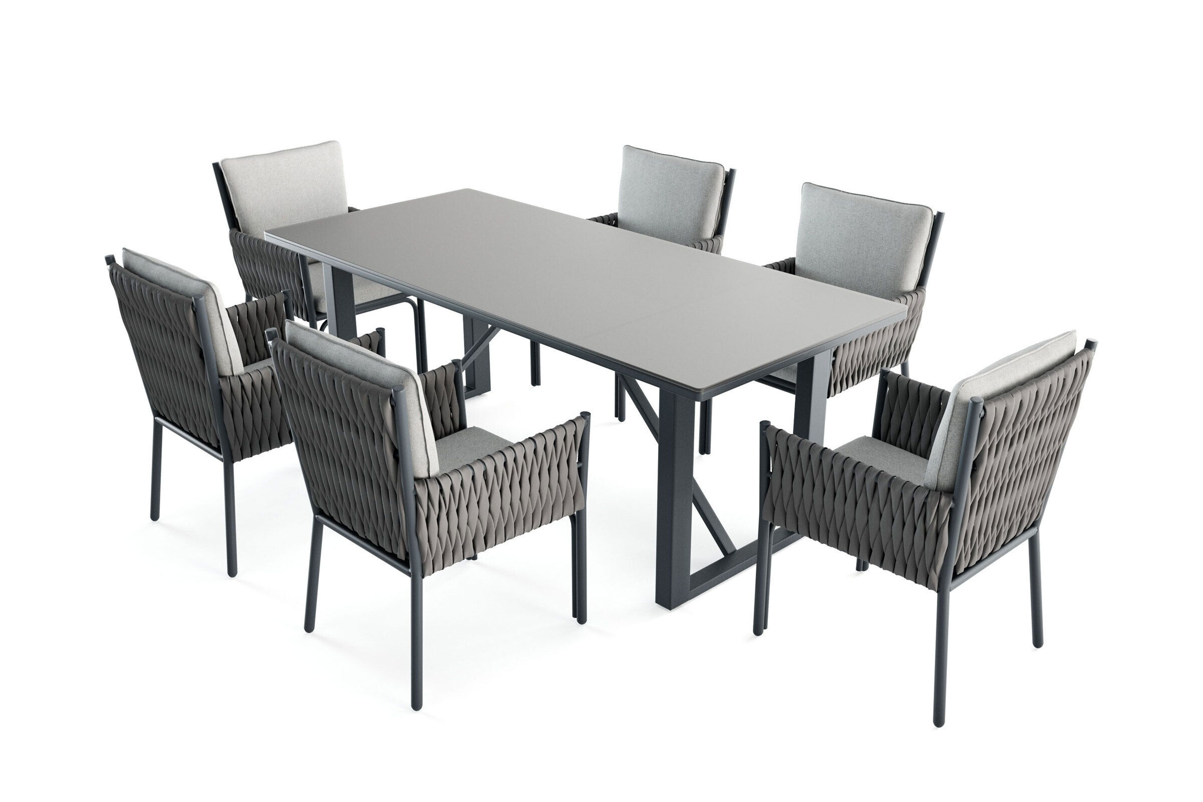 OUTFLEXX Mermaid Garten-Essgruppe, anthrazit, Alu/Polyrattan, 7-teilig, inkl. Sitz- und Rückenkissen, Tisch 200×90 cm