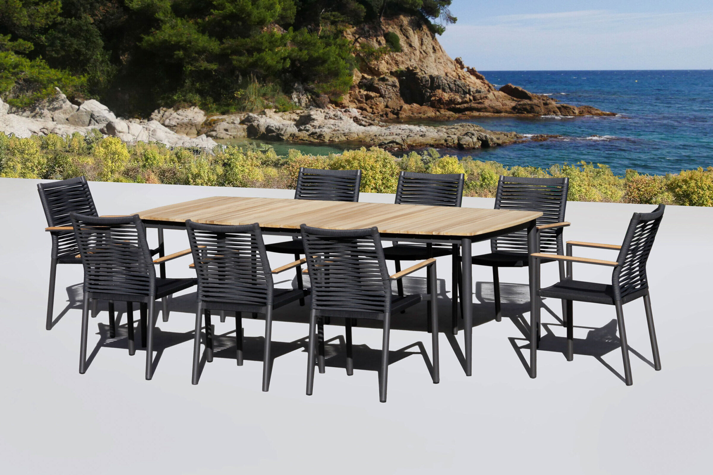 OUTFLEXX Theo/Oscar Garten-Essgruppe, anthrazit/natur, Alu/Rope/FSC®-Teakholz, Tisch 214×100 cm, 8x Dining Sessel