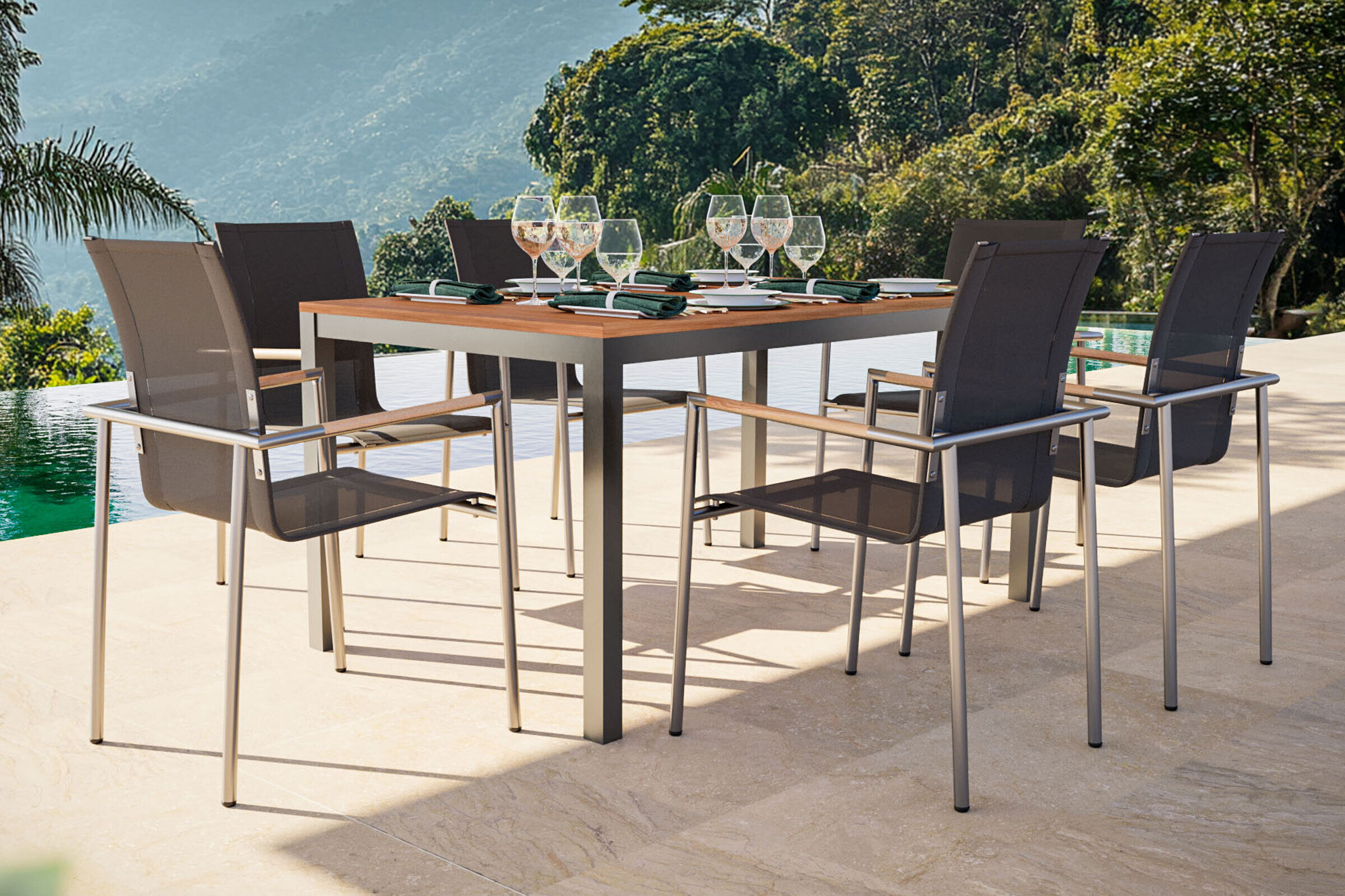 OUTFLEXX Garten-Essgruppe, natur/anthrazit, Edelstahl/Textilene/FSC®-Teakholz, Ausziehtisch 150/200x90cm, 6 Diningsessel