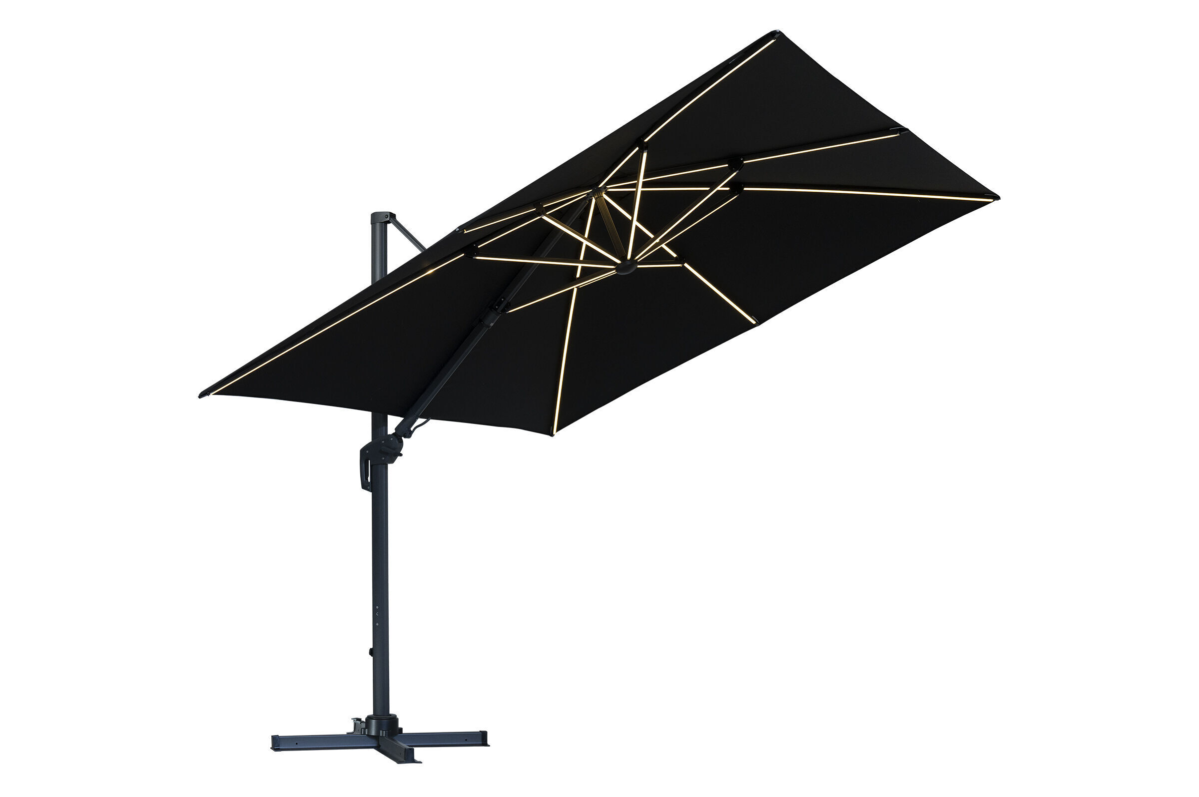 OUTFLEXX LED Ampelschirm, schwarz, Alu/Polyester, 300 x 300 cm, inkl. Kreuzständer, Gasfeder und LED-Beleuchtung