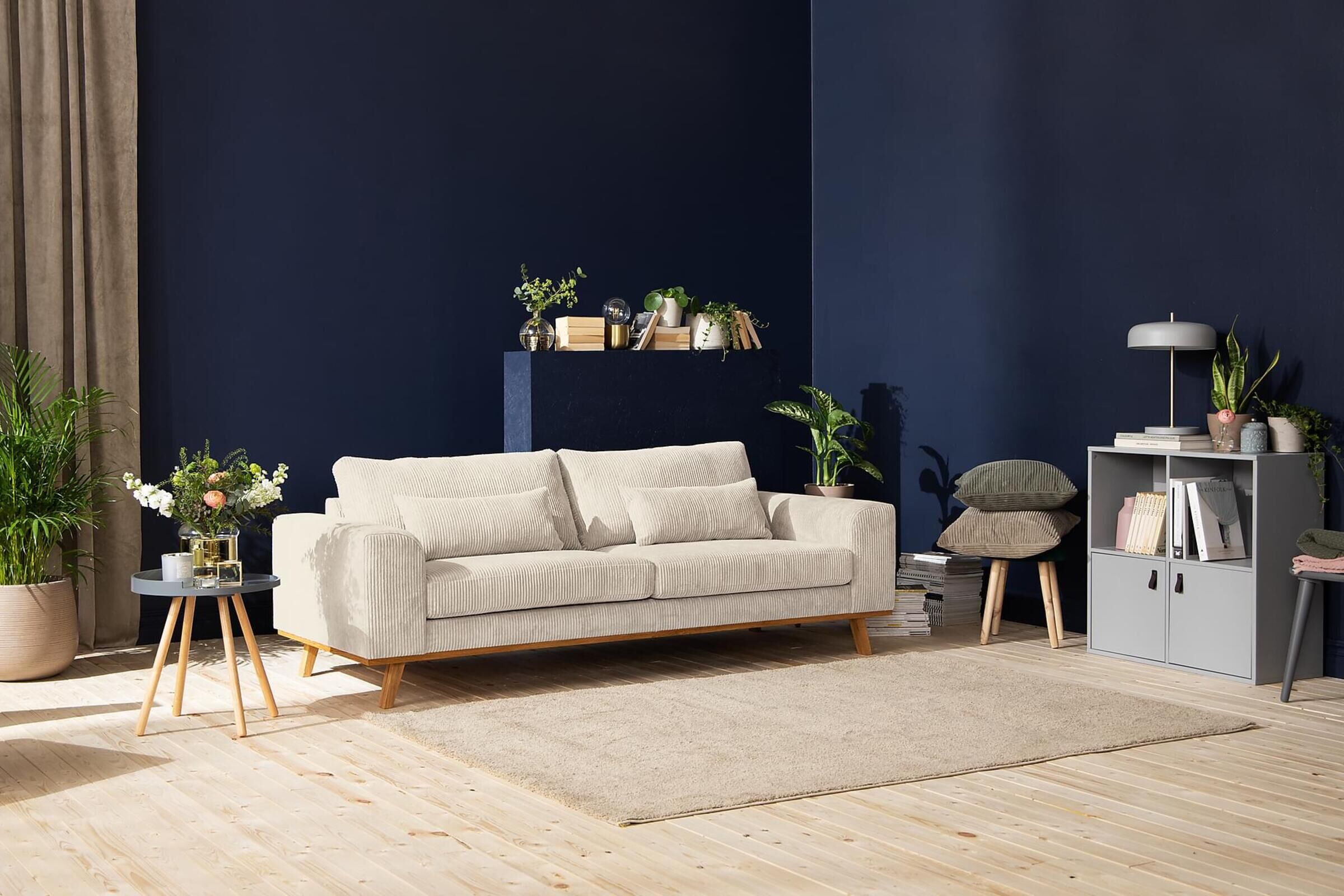 B-Ware: Kopenhagen Manchester Sofa, 3-Sitzer, Samt, beige, 223 x 92 x 85  cm